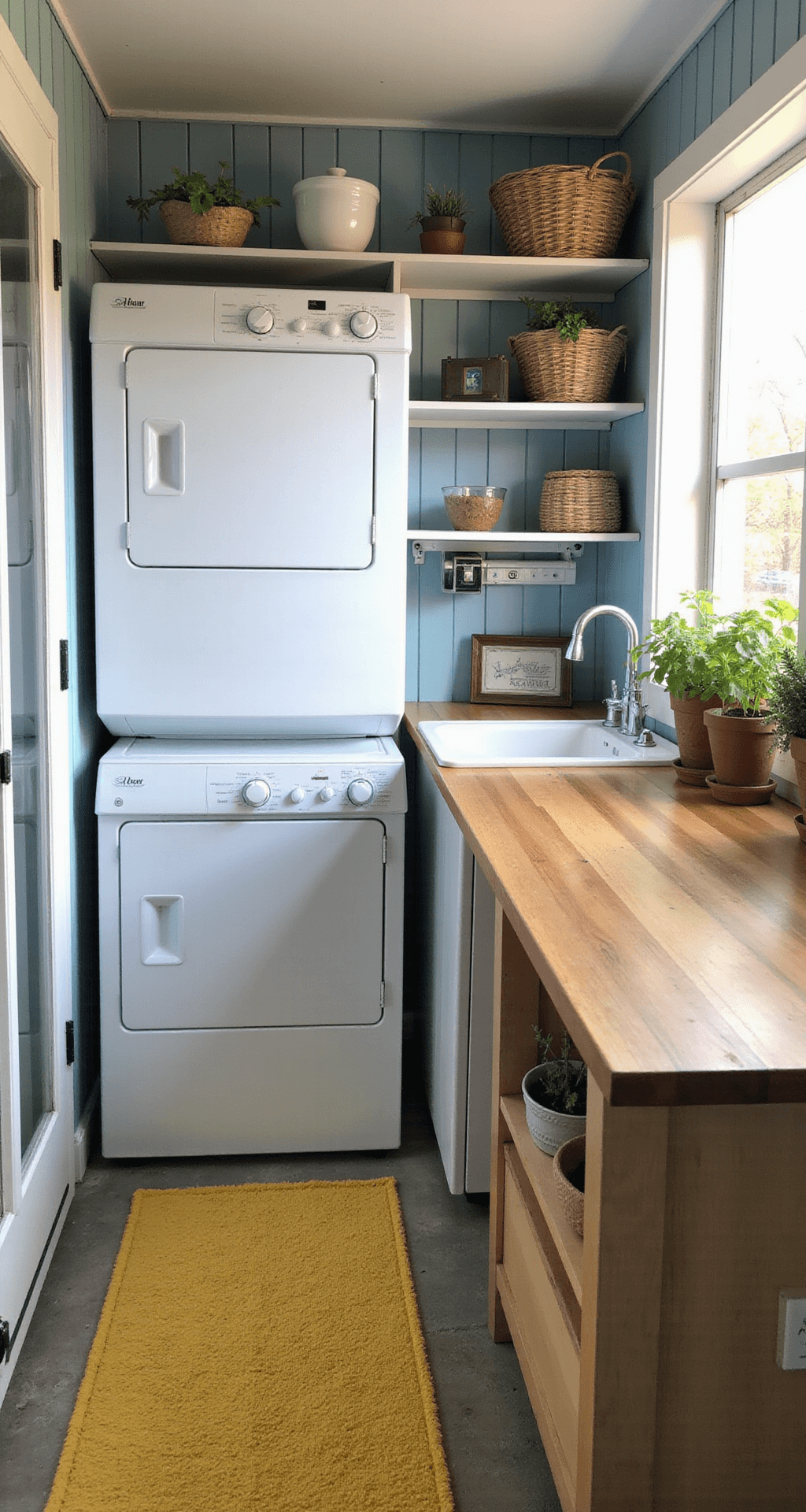 A cozy outdoor laundry nook in a compact garden shed with pale blue beadboard walls, a stacked washer and dryer, a fold-down wooden countertop, woven baskets on shelves, a vibrant yellow outdoor rug, and potted herbs on the windowsill, all bathed in early morning sunlight.