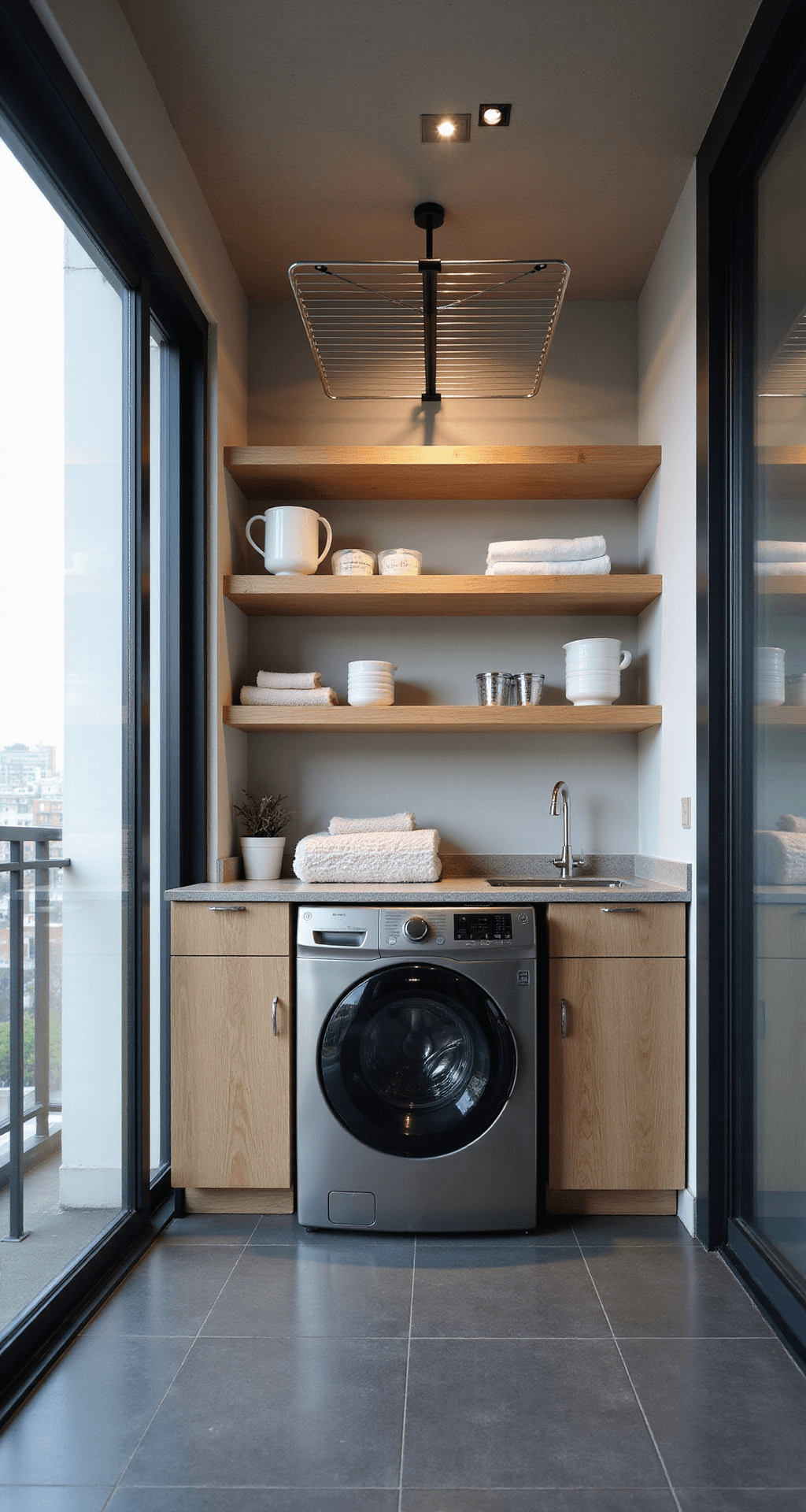 A modern balcony laundry area featuring a brushed stainless steel washer-dryer combo, light oak floating shelves, sheer white curtains, and large charcoal floor tiles; soft LED lighting enhances the urban aesthetic with city views through glass panels.