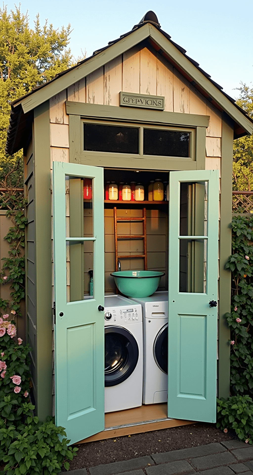 A custom-built outdoor laundry structure with a pitched roof and weathered wood siding, featuring open mint green French doors, a vintage sink, modern appliances, and mason jars of laundry pods, framed by climbing roses, all bathed in warm golden hour light.
