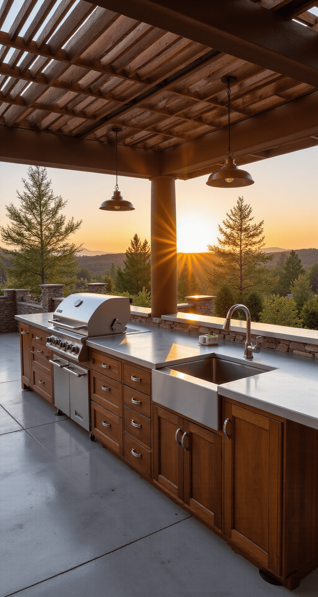 Modern outdoor kitchen under a pergola at golden hour, featuring a stainless steel L-shaped countertop with an undermount sink, professional-grade grill station, and rich teak cabinetry, illuminated by warm sunset light and copper pendant lights.