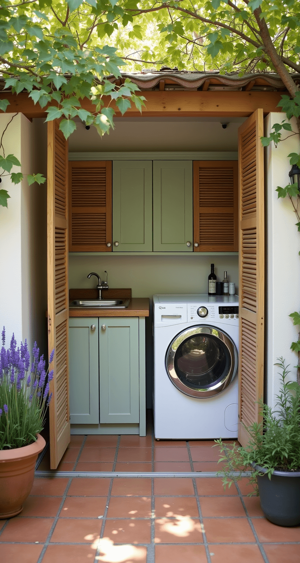 A serene Mediterranean-inspired laundry zone in a covered patio corner, featuring a sleek white washer-dryer, slatted teak screens, sage green weatherproof cabinets, and terracotta floor tiles, illuminated by dappled afternoon light through a pergola adorned with vines.