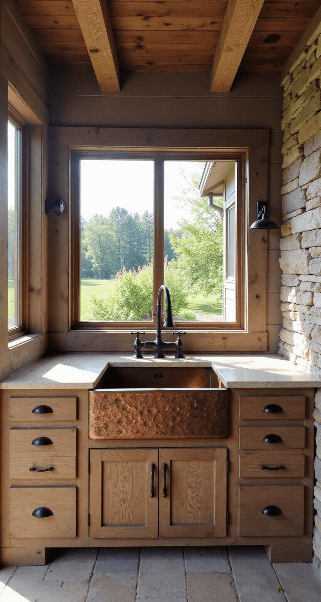 Rustic outdoor kitchen nook with a hammered copper farmhouse sink, wooden beams, reclaimed barn wood cabinetry, and stone countertops, illuminated by morning light.