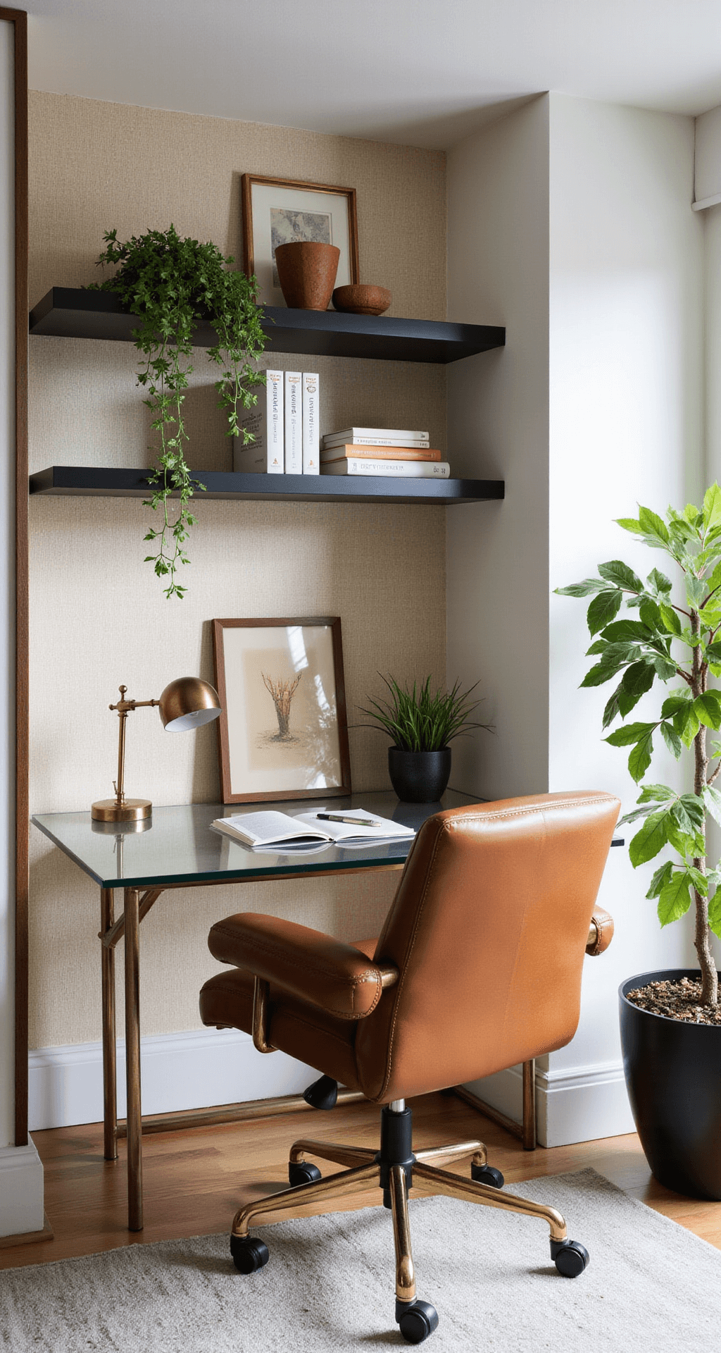 A stylish home office corner featuring a contemporary glass desk with brass details and a cognac leather executive chair, illuminated by soft, indirect morning light. Custom floating shelves display art books, ceramics, and trailing plants against a textured grasscloth wallpaper backdrop, with a color palette of warm whites, cognac, brass, and black accents, photographed from a 45-degree angle.
