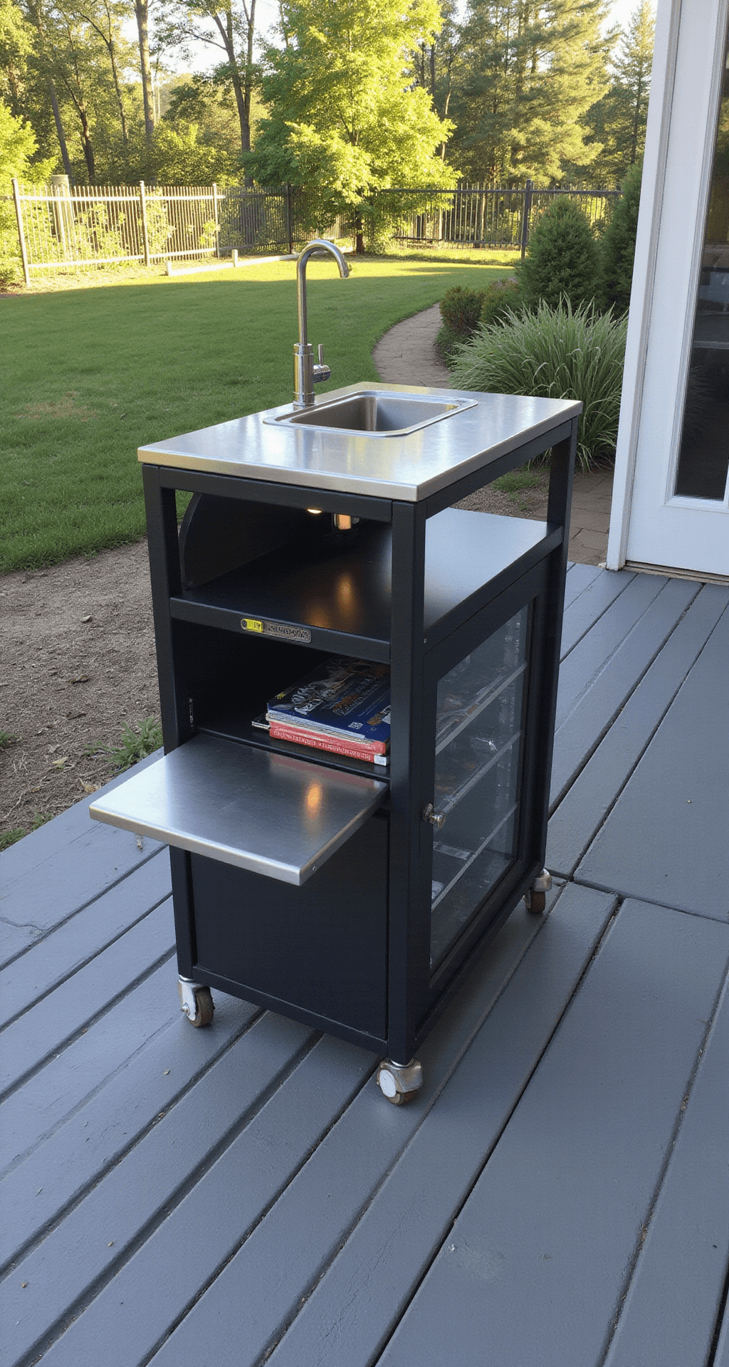 A sleek 8ft mobile bar unit with a stainless steel sink on a concrete patio, featuring hidden wheels, minimalist design, glass shelving, and LED underlighting, captured in afternoon light.
