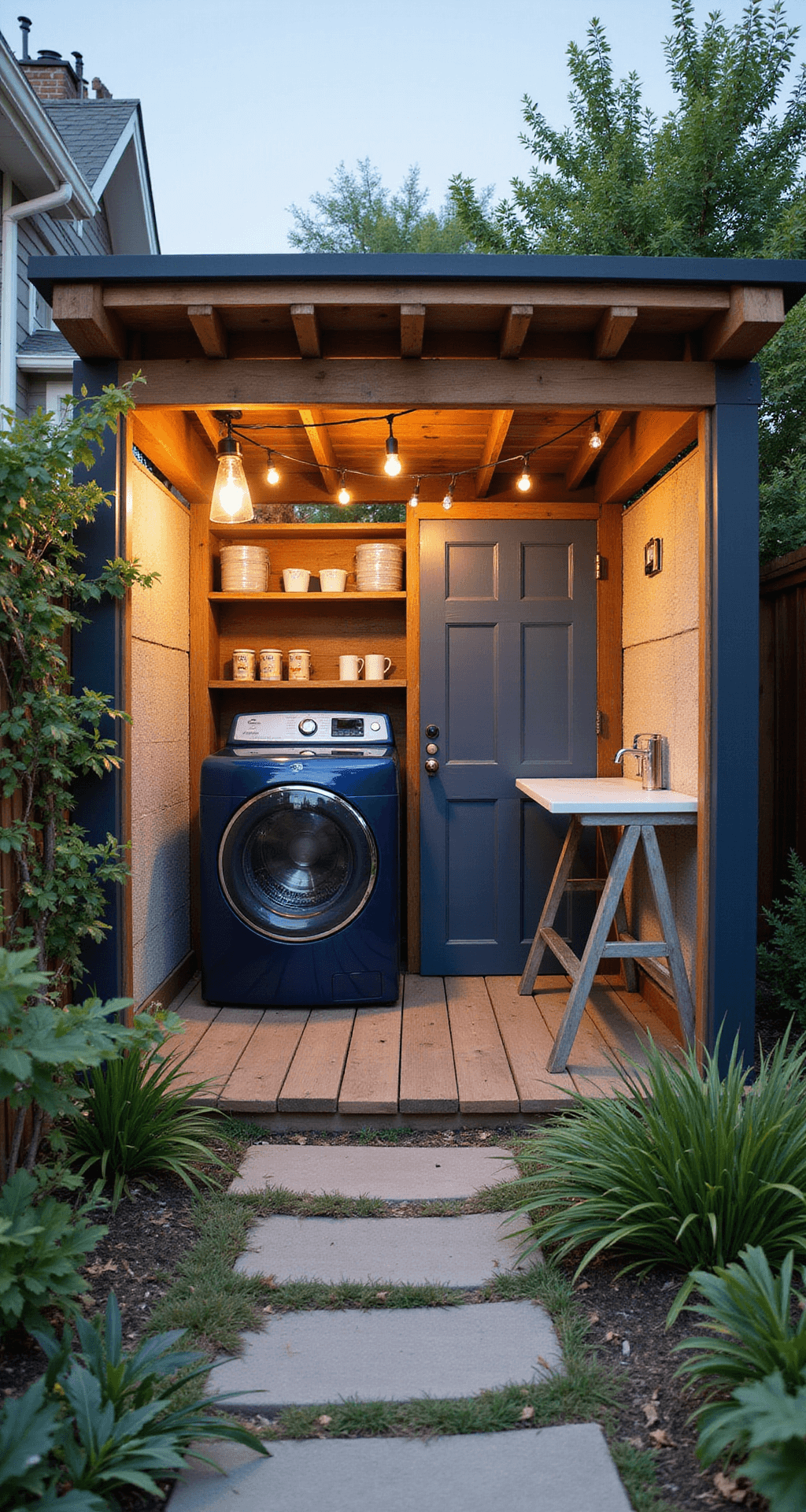 An outdoor laundry room is integrated into a vibrant backyard oasis, featuring a navy blue washer and dryer under a pergola, a repurposed vintage door as a folding station, galvanized metal shelves, a wall-mounted drying rack, and string lights, all surrounded by lush greenery and climbing jasmine, illuminated by warm evening light.