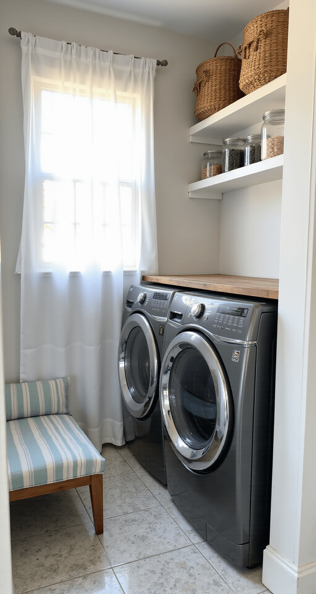 A compact laundry nook on a wrap-around porch features a gunmetal gray washer-dryer combo, white sheer curtains, floating distressed white shelves with baskets and jars, a fold-down teak countertop, a bench with pale blue and white striped fabric, and vintage-inspired floral tile flooring, all bathed in soft morning light.