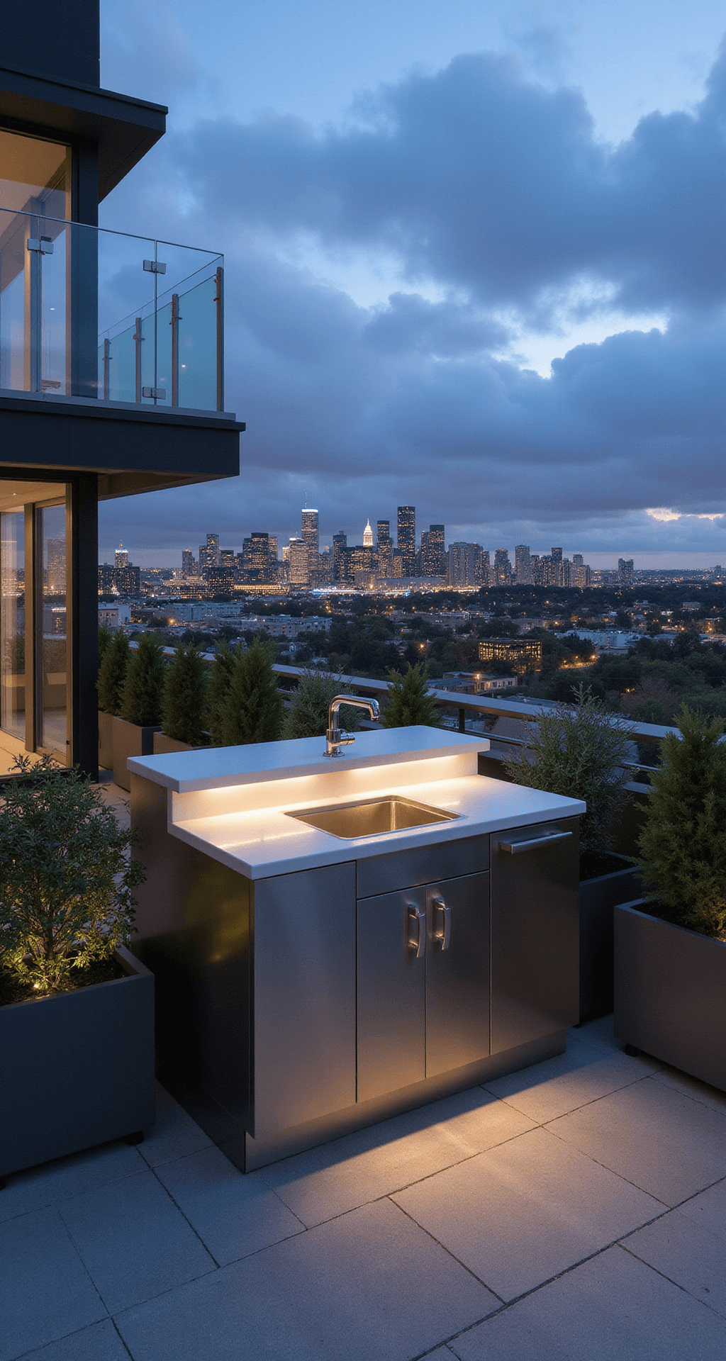 A compact urban rooftop kitchen featuring a built-in stainless steel wet bar with a sink, surrounded by glass windbreaks and modern planters, all set against a city skyline backdrop during evening lighting, highlighting white quartz countertops reflecting LED strip lighting.
