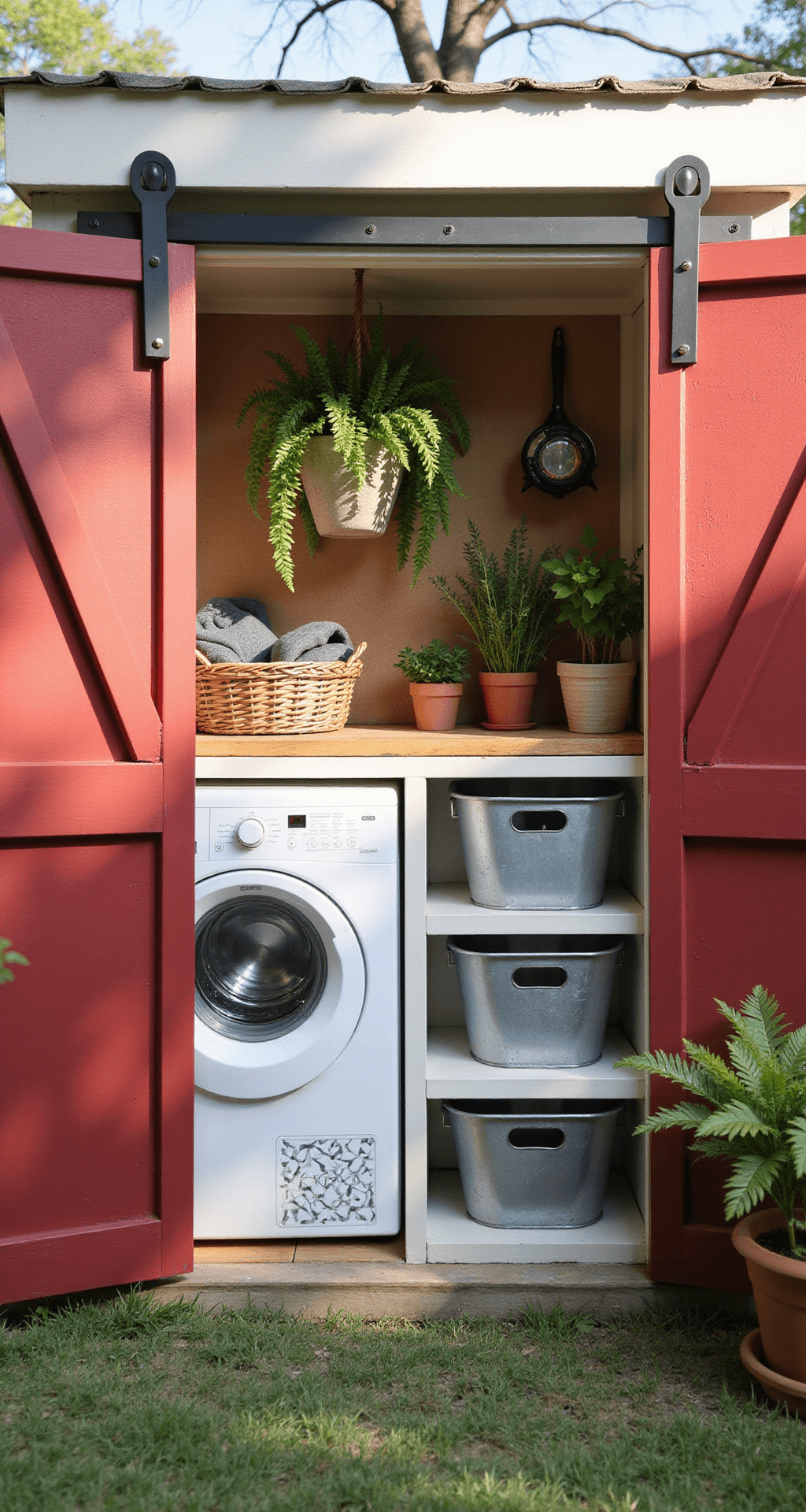 An outdoor laundry space designed as a potting shed, featuring a compact washer and dryer hidden behind red barn doors, a butcher block folding station, rolling galvanized metal bins, hanging ferns, and potted herbs, illuminated by late morning sunlight.