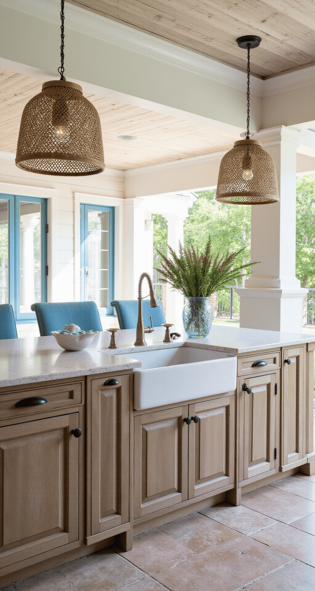A cozy coastal kitchen lanai featuring weathered teak cabinetry, a marine-grade sink, natural rattan pendant lights, and coastal blue accents, under a white-washed cedar ceiling and coral stone flooring, illuminated by soft morning light.