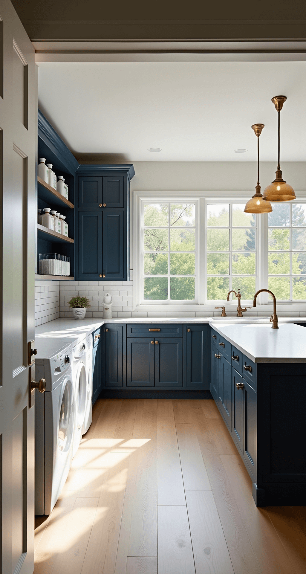 Laundry Room Makeover Magic: Transform Your Space from Drab to Fab! A bright and airy modern farmhouse laundry room featuring a U-shaped layout with white appliances, expansive quartz countertops, floor-to-ceiling navy blue cabinets, open shelving with color-coded detergent dispensers, a pull-out hamper, an oversized farmhouse sink with brass fixtures, and a retractable clothesline; all bathed in warm afternoon sunlight from large windows, with wide-plank light oak flooring and elegant brass pendant lighting.