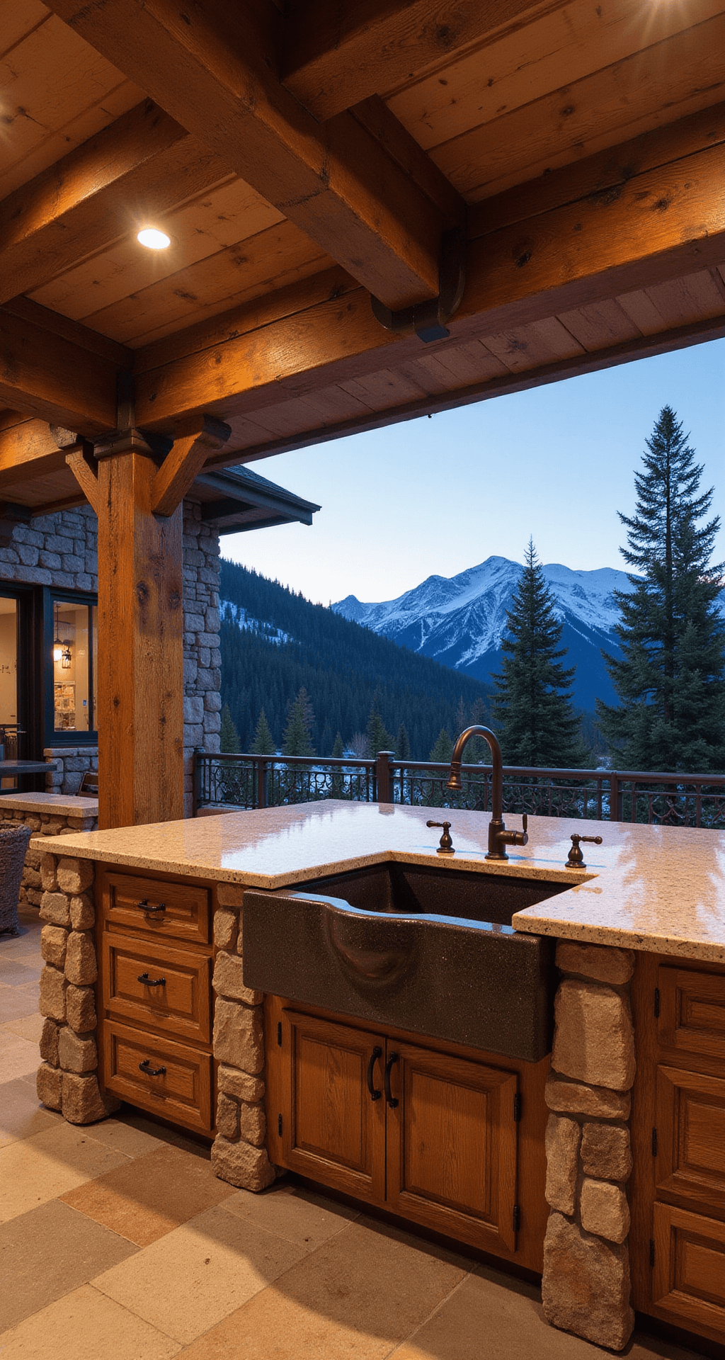 A spacious timber-frame outdoor kitchen with a granite farmhouse sink, rough-hewn beams, cast iron fixtures, and stone accents, featuring uplighting and views of snow-capped mountains through the windows.