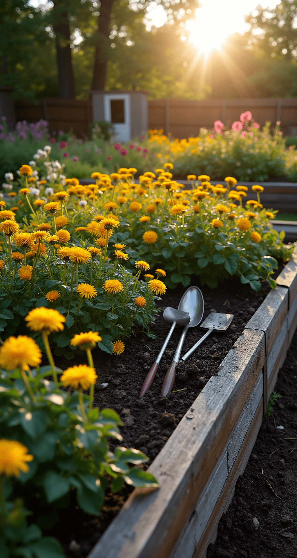 A wide-angle shot of a sunlit suburban garden bed at golden hour, showcasing a struggle between cultivated roses and daylilies and scattered dandelion colonies. The 15x20ft raised bed features weathered cedar borders and rich black soil, with mulched pathways. Natural sunlight casts long shadows, emphasizing the deep garden green and bright dandelion yellow, alongside professional gardening tools arranged in the foreground, capturing the tension between wild and cultivated nature.