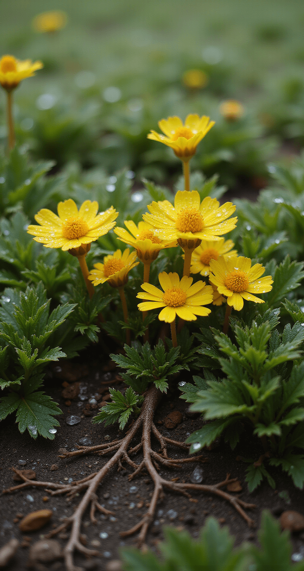 Close-up macro shot of creeping buttercup flowers surrounded by morning dew on emerald grass, with an intricate root system partially visible and glistening water droplets creating a mysterious atmosphere in early morning light.