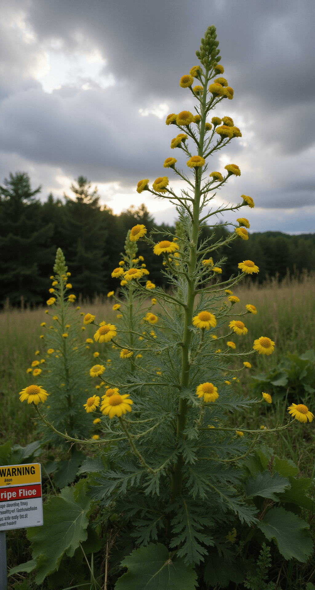 A scene depicting towering wild parsnip plants with umbrella-shaped yellow flower clusters, set against a blurred forest edge under dramatic storm-grey clouds. Educational warning signs are visible, along with protective gear in the foreground, while harsh shadows highlight the plant's dangerous nature, evoking a mood of caution and foreboding.