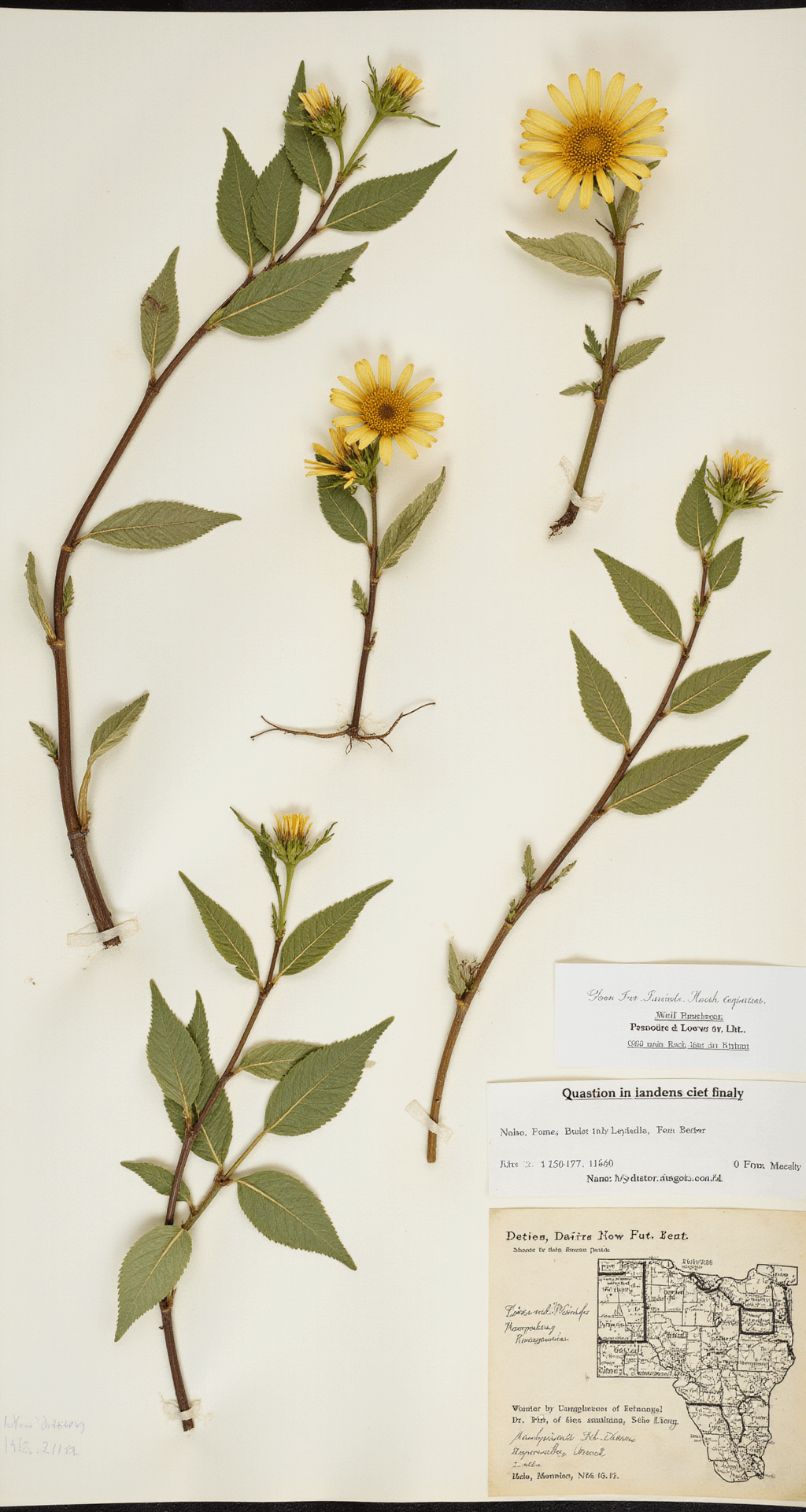 A professional lightbox setup displaying pressed yellow-flowered weed specimens on a white background, featuring detailed leaf structures, scientific labels, and a measurement scale, with macro close-ups of flower structures in preserved greens and yellows.