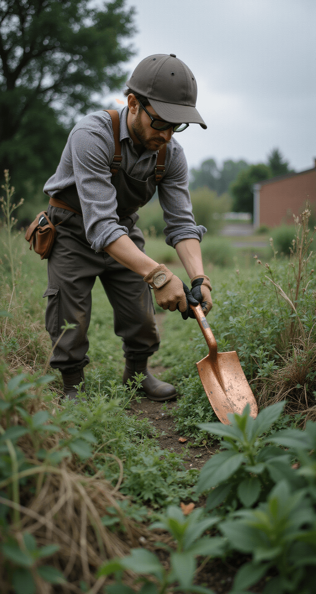 A gardener in protective gear demonstrates proper technique while using copper tools to remove weeds in a natural garden setting during early morning. The scene captures diffused light through light cloud cover, showcasing a mix of plantings with a color palette of work-worn copper, garden greens, earth tones, and morning sky blue, evoking an instructional and empowering mood.