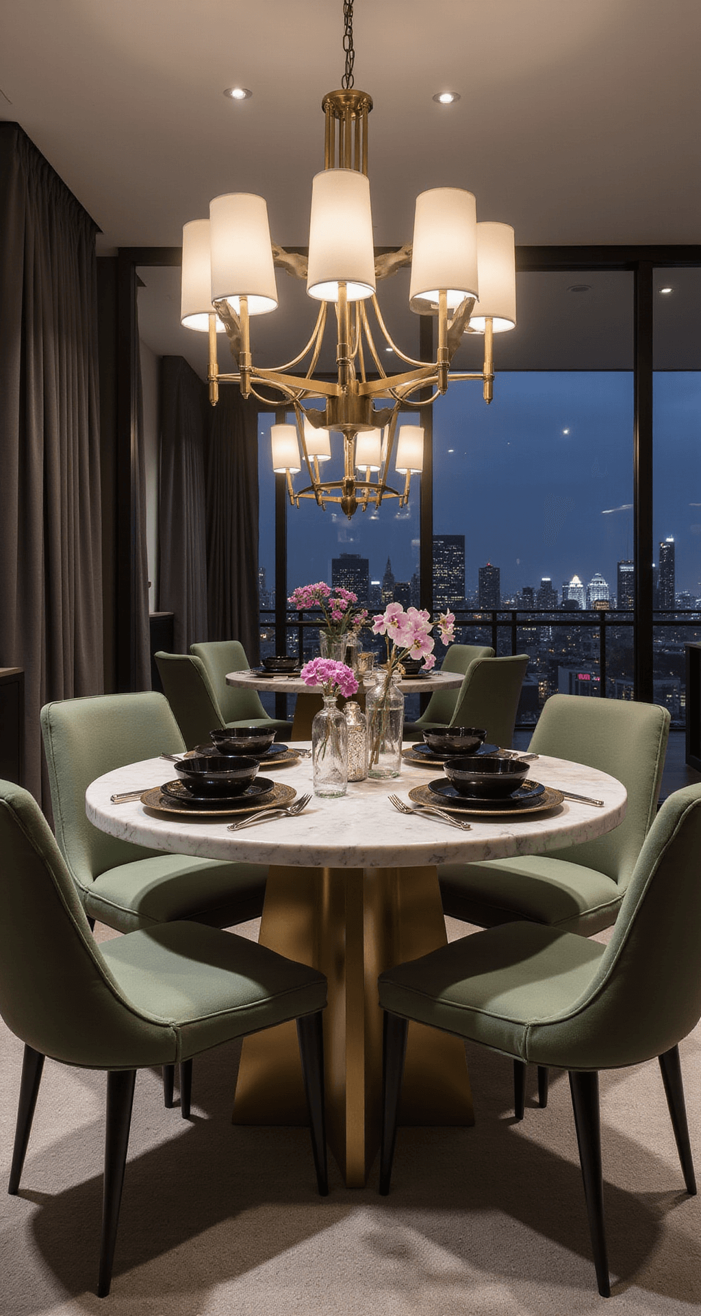A stylish 12x14ft dining area featuring a round marble table with a sculptural brass base, surrounded by curved sage green velvet chairs, illuminated by an oversized contemporary chandelier. The table is set with black stoneware and fresh orchids, with a large mirror reflecting the city lights, all under dusk lighting that enhances the metropolitan elegance of the space.