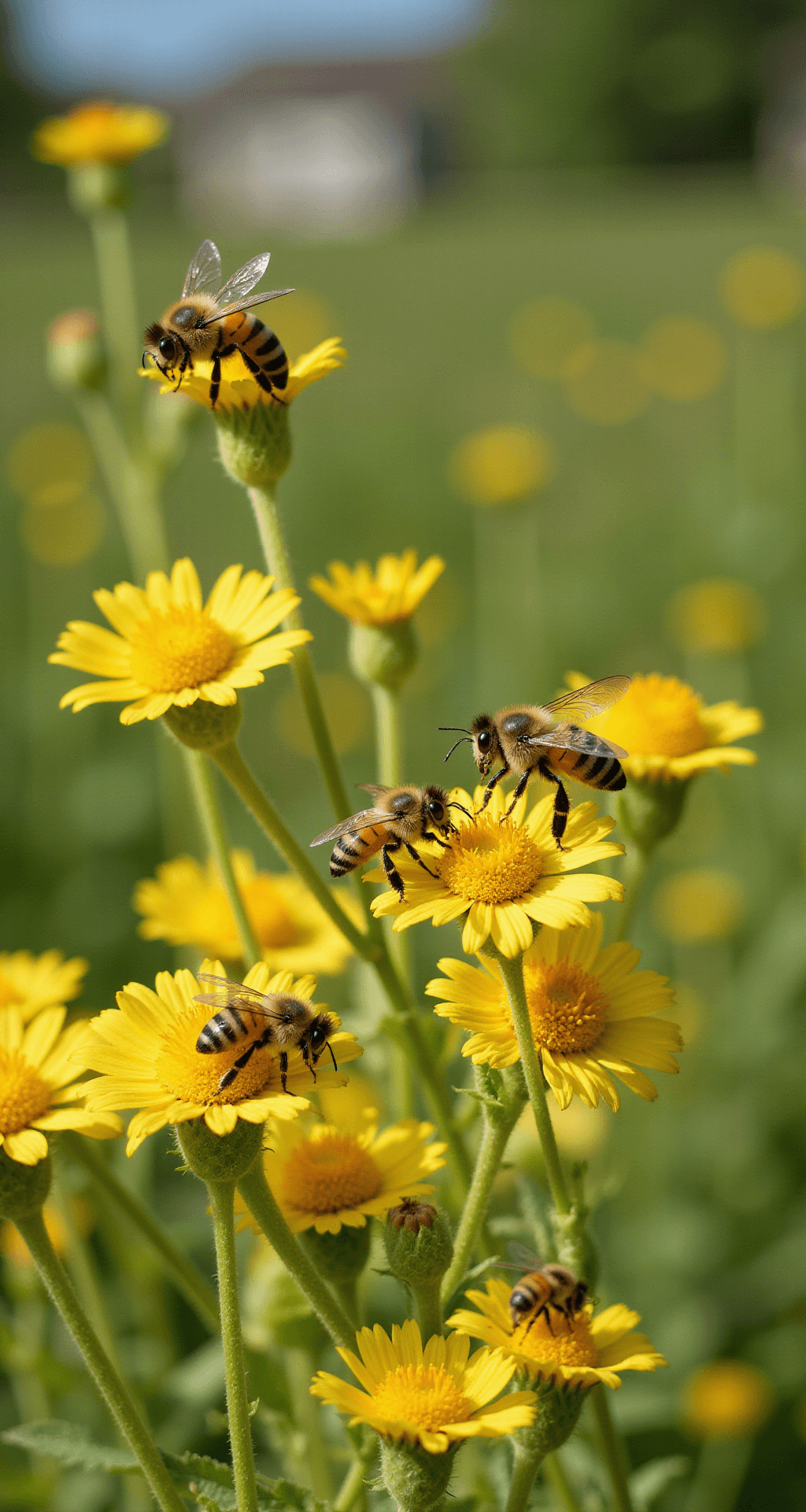 A macro photograph depicting bees and butterflies on vibrant yellow flowering plants in a complex garden ecosystem, illuminated by soft natural light. The shallow depth of field isolates the pollinators against a soft green backdrop, creating a harmonious and ecological mood.