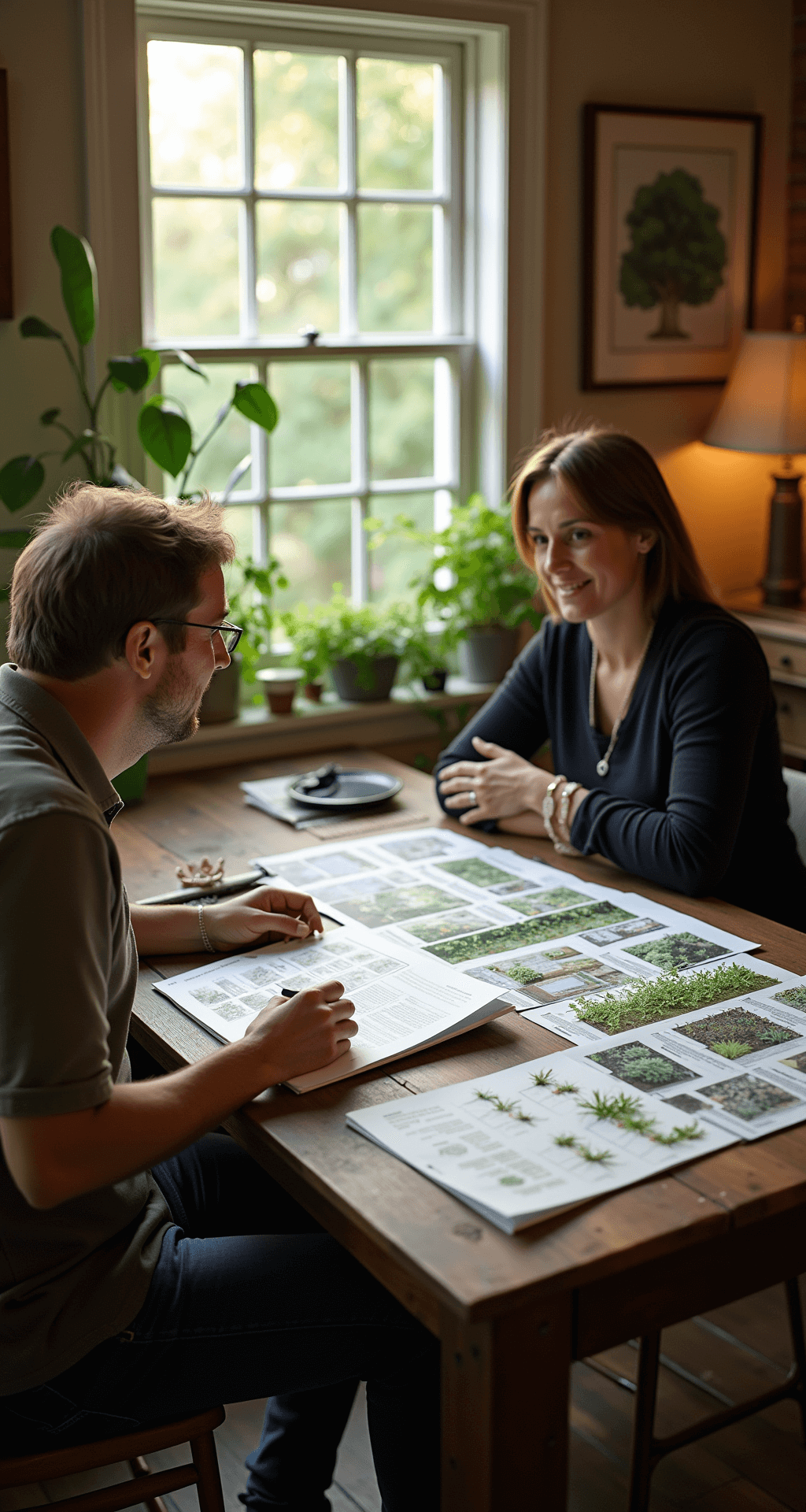 A professional garden consultation scene featuring an expert and a homeowner discussing strategy at a rustic wooden table covered with garden plans and weed identification guides. The warm afternoon light illuminates the room, enhancing the aged wood and soft paper colors, creating a collaborative and solution-focused atmosphere.