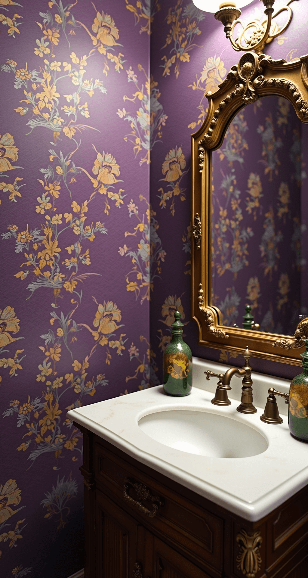 Victorian-inspired powder room featuring rich purple floral chinoiserie wallpaper, a marble vanity with vintage apothecary bottles, and antique brass fixtures; close-up highlights of the intricate wallpaper details.