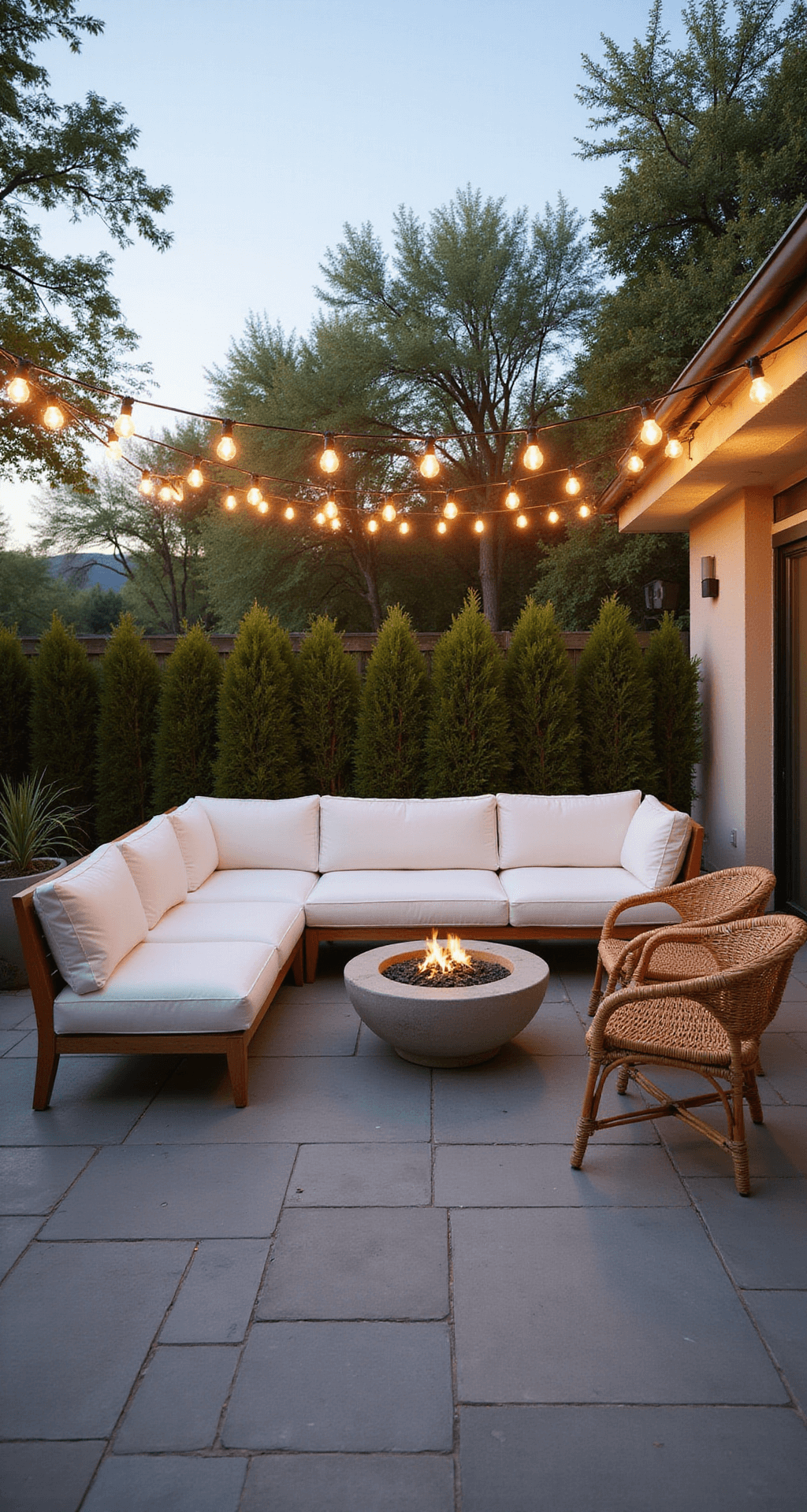 A spacious patio featuring a modern sectional in weathered teak and white cushions, surrounded by rattan chairs and a concrete fire pit, under golden hour light with vintage string lights overhead, casting warm shadows and geometric slate tile patterns on the ground.