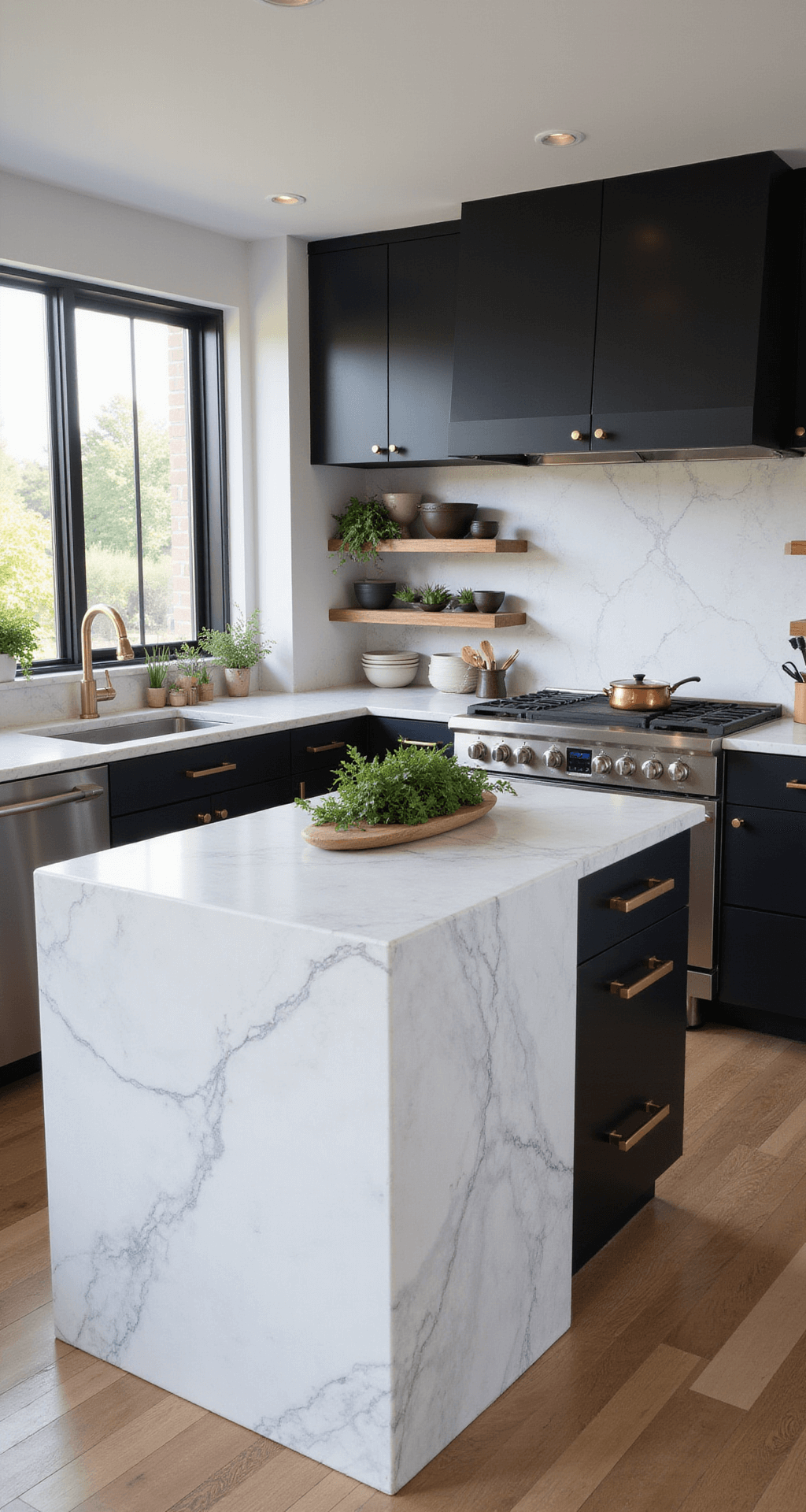 A gourmet chef's kitchen featuring a 15x20ft layout with a waterfall island, white marble countertops, matte black cabinets, and brass hardware, illuminated by natural morning light from east-facing windows. The space includes professional-grade stainless appliances, styled with copper cookware, artisanal ceramics, and fresh herbs, highlighting the contrast between smooth surfaces and organic elements. Captured from the corner, showcasing depth and flow with supplemental soft box lighting to minimize reflections.
