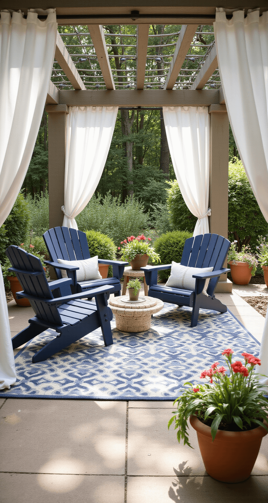 A sunlit patio featuring a large ivory and navy geometric rug defining a cozy seating area with navy Adirondack chairs around a mosaic tile coffee table, soft white outdoor curtains billowing on a pergola, and terracotta pots of cascading flowers lining the edges.