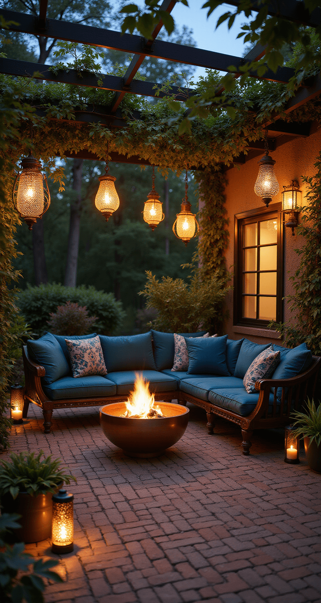 An intimate patio scene featuring Moroccan-inspired lanterns casting intricate shadows on weathered brick flooring, low-slung lounge seating with jewel-toned waterproof velvet cushions in emerald and sapphire, and a copper fire bowl centerpiece reflecting flickering flames, all framed by climbing jasmine on an iron trellis under moody lighting.