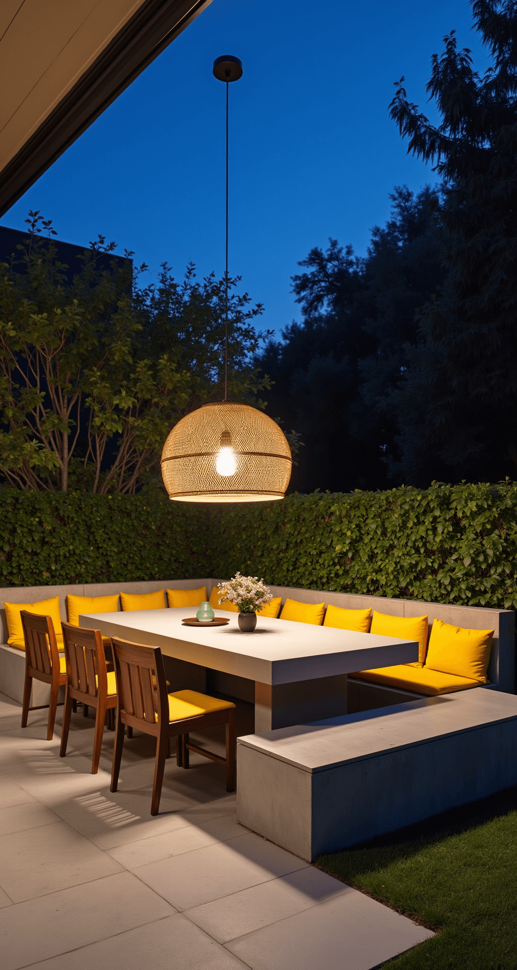 A twilight view of a stylish patio featuring a modern concrete dining table for eight, illuminated by a large rattan pendant light. The space includes a mix of teak dining chairs and a built-in concrete bench adorned with bright yellow cushions, while integrated LED lighting under the bench creates a floating effect, enhancing the dramatic evening ambiance.