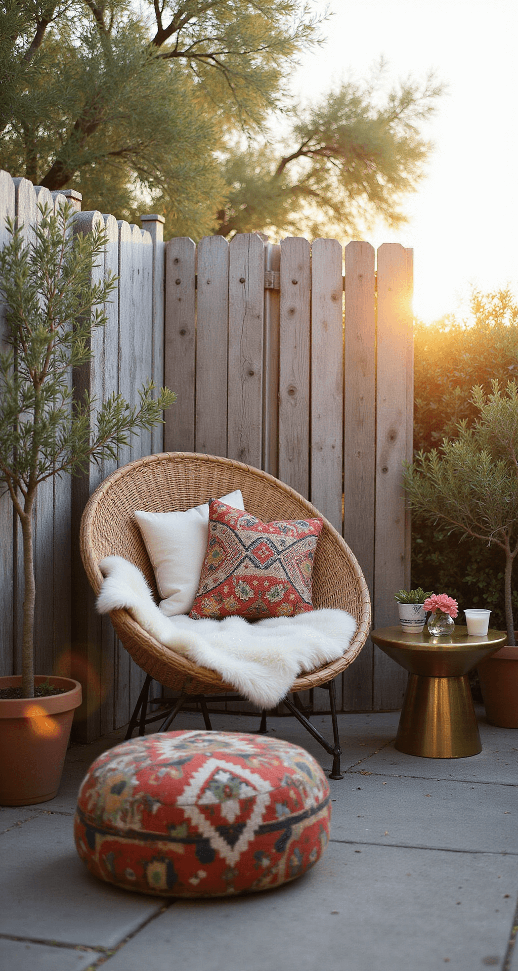 Cozy sunset patio corner featuring a weathered silver-gray reclaimed wood privacy screen, an oversized woven hanging chair with a sheepskin throw and boho pillows, a vintage kilim pouf, and a brass side table, framed by potted olive trees and illuminated by golden hour lighting with subtle lens flare.
