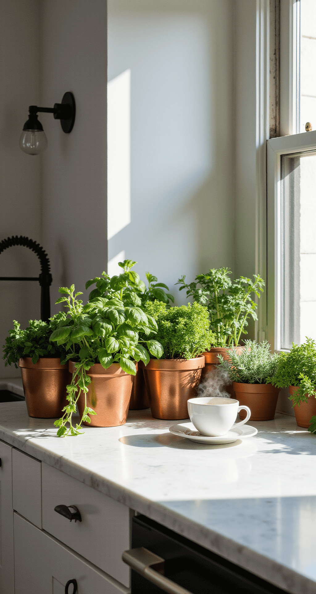 A sunlit modern kitchen with white marble countertops, featuring a cascading herb garden display of basil, rosemary, and thyme in copper and terracotta containers. Floor-to-ceiling windows illuminate the space, while matte black fixtures and brushed brass accents provide contrast. An espresso cup sits beside the herbs, with steam rising, as soft natural backlighting highlights the foliage.