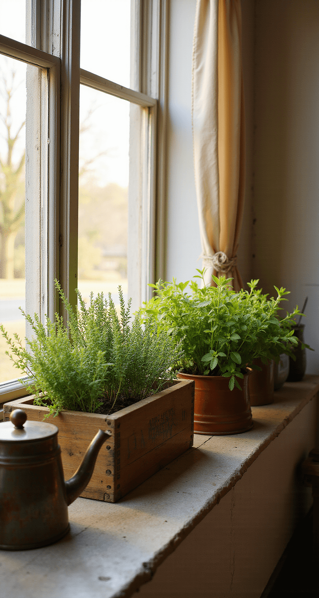 A cozy farmhouse windowsill at golden hour, featuring weathered cedar boxes filled with lush herbs, rustic pottery containers with cascading oregano and mint, and an aged copper watering can, all softly illuminated by warm light filtering through sheer linen curtains.
