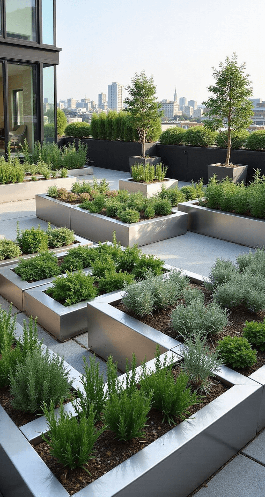 Contemporary rooftop garden with sleek stainless steel raised beds of culinary herbs, minimalist concrete planters with sage and rosemary, glass windbreaks, and an urban skyline in the background, captured from an elevated position with strong diagonal lines and high-key lighting.