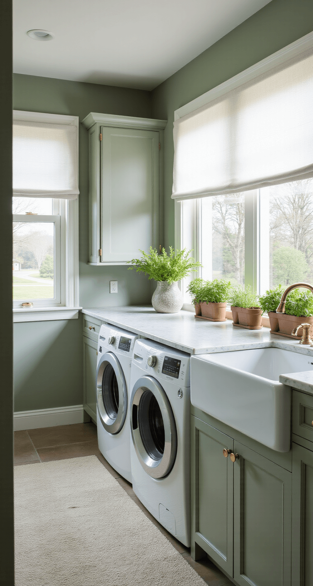 A serene laundry room in subtle sage green, featuring white front-loading appliances, a marble countertop, a farmhouse sink, and large windows draped in sheer white linen, with potted herbs on the windowsill and an ivory area rug on natural stone flooring, captured in bright natural light.