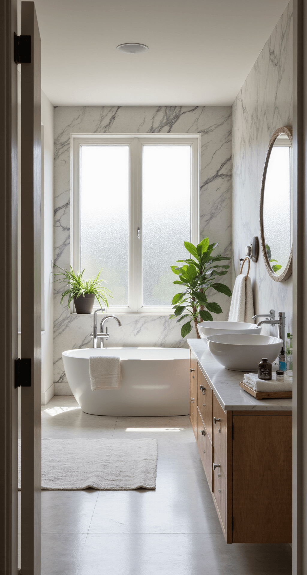 A serene luxury bathroom featuring a freestanding soaking tub against a book-matched marble wall, a floating double vanity in bleached oak with vessel sinks, and heated floors in a geometric tile pattern, all bathed in diffused afternoon light. Plush white towels and luxury toiletries are artfully arranged on a marble tray, with plants adding an organic touch. The image is taken from the doorway, capturing the tranquil relationship between the tub and vanity.
