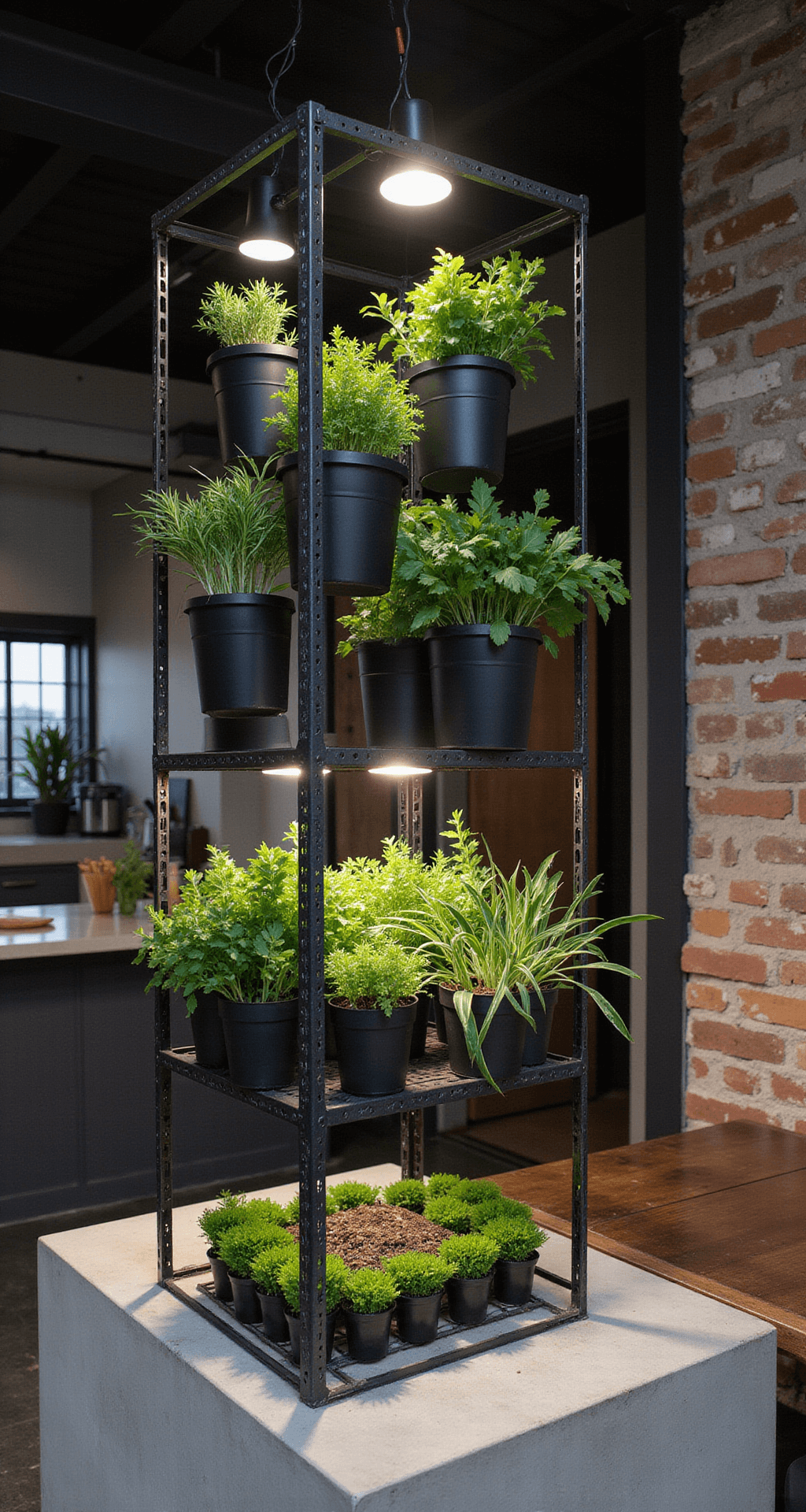 Aerial view of an industrial-style open plan kitchen with a 15'x20' layout at dusk, featuring a metal grid above a central island displaying suspended matte black herb containers. LED grow lights illuminate vibrant herbs, contrasting with an exposed brick wall and concrete countertops, while cool temperature lighting adds a moody atmosphere.