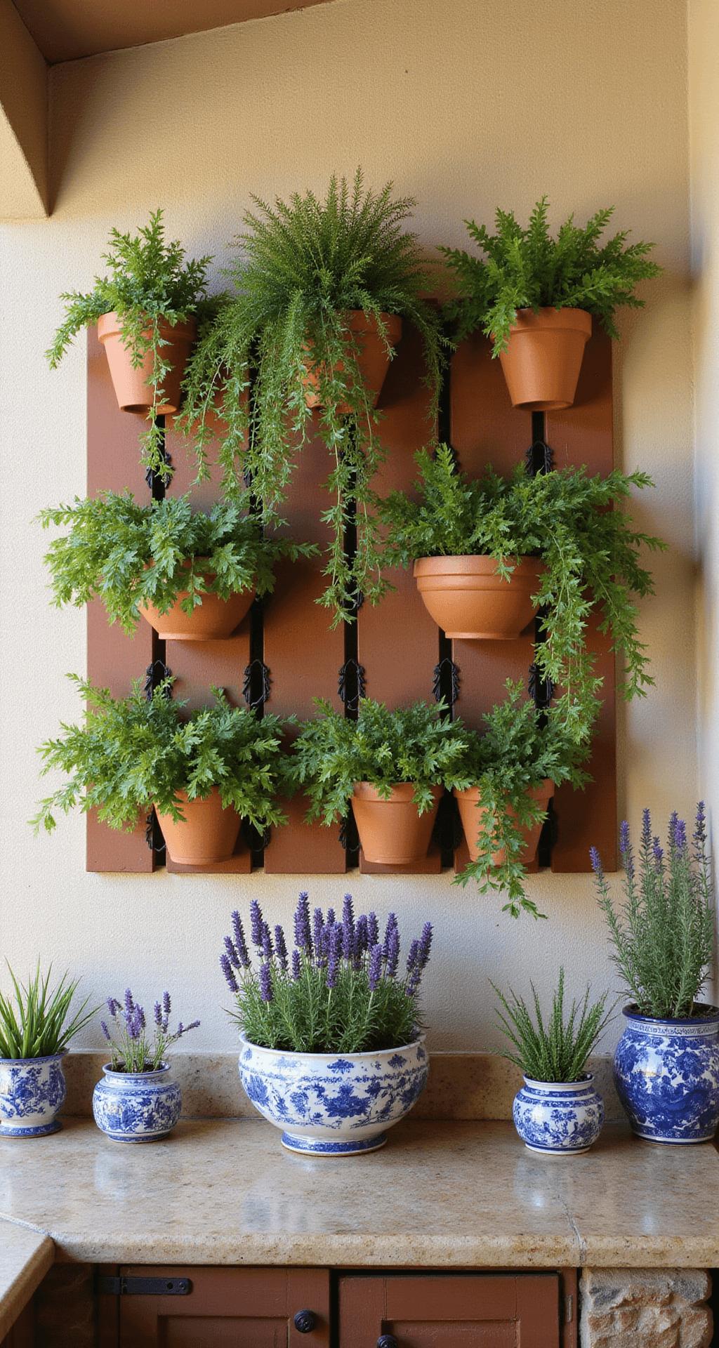 Outdoor kitchen inspired by the Mediterranean, featuring terracotta wall-mounted herb containers, blue and white ceramic accents, stone countertops with potted lavender and sage, and wrought iron details, all illuminated in bright afternoon sun with soft diffusion.