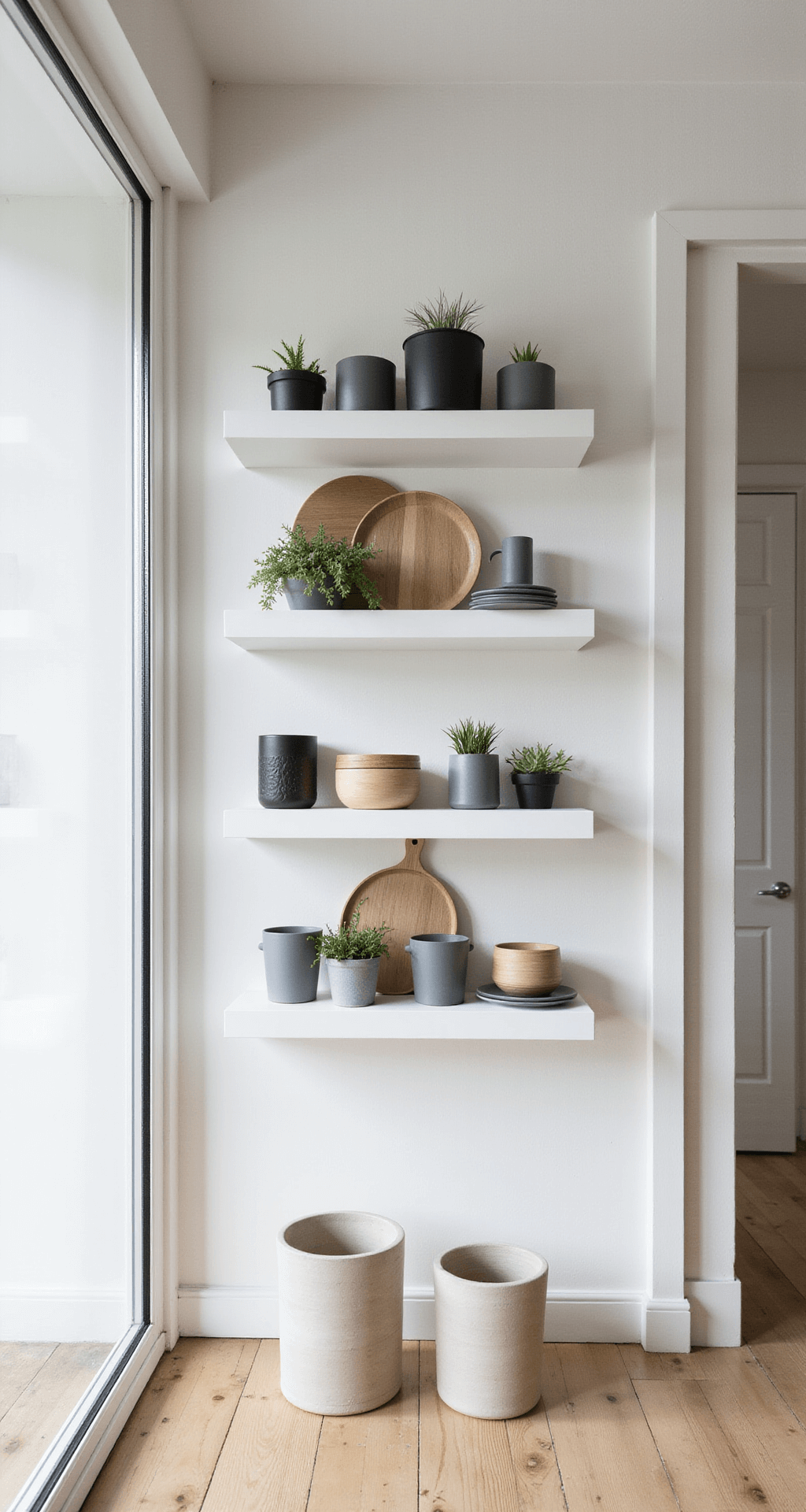 A Scandinavian minimalist dining room featuring a floor-to-ceiling window wall with floating white shelves holding a curated collection of fresh green herbs in monochromatic containers. The pale wood tones and soft, cool morning light create a modern aesthetic, highlighting clean lines and purposeful negative space.