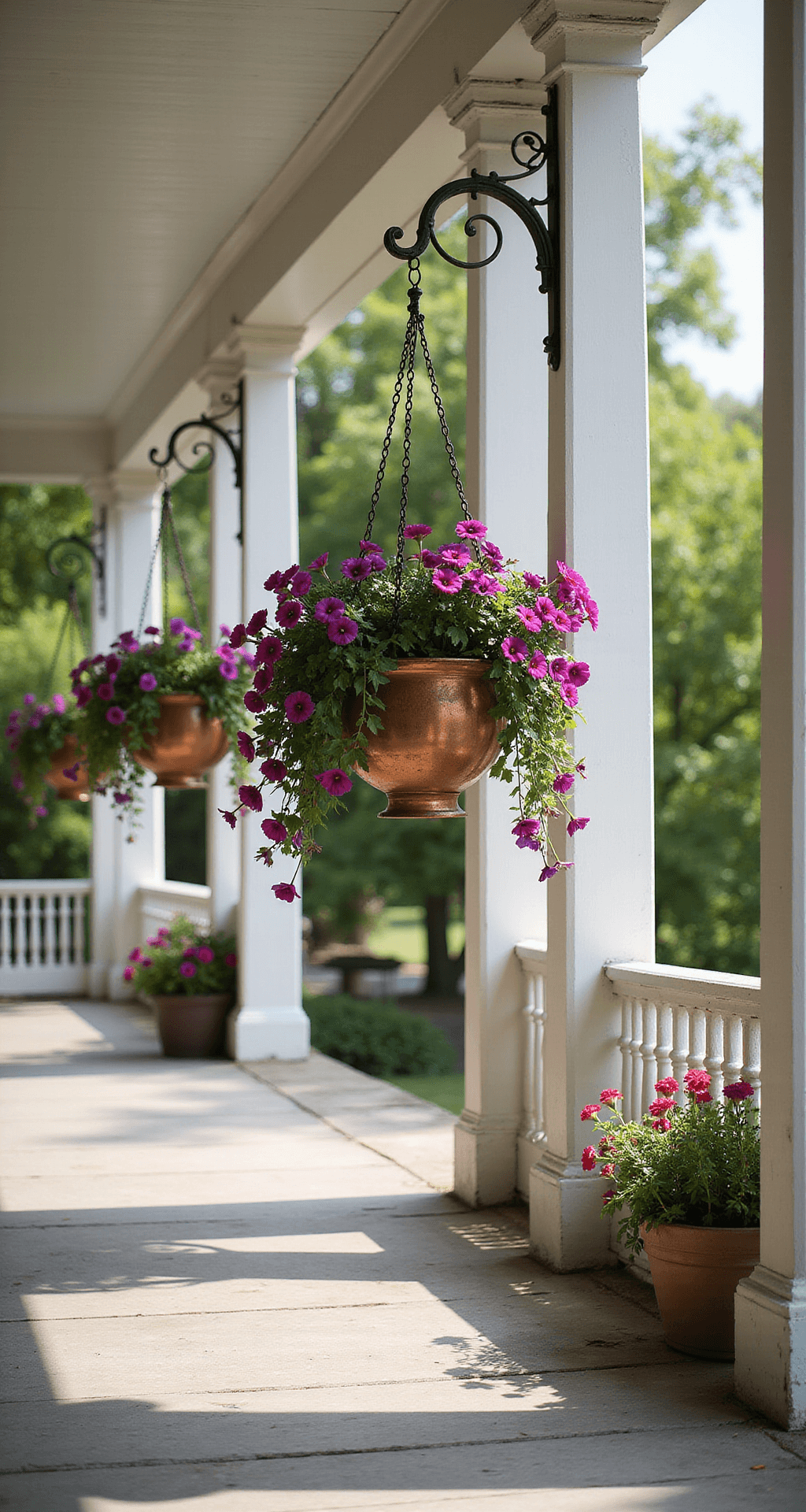 A sunlit Victorian porch featuring ornate hanging baskets with vibrant fuchsias and purple petunias, framed by white wooden columns. Morning light casts shadows on weathered floorboards, while vintage wrought-iron hooks display copper planters. The ground-level perspective highlights the cascading flowers against white architectural details, with a soft bokeh effect on the garden background in deep purples, hot pinks, copper, and crisp white.