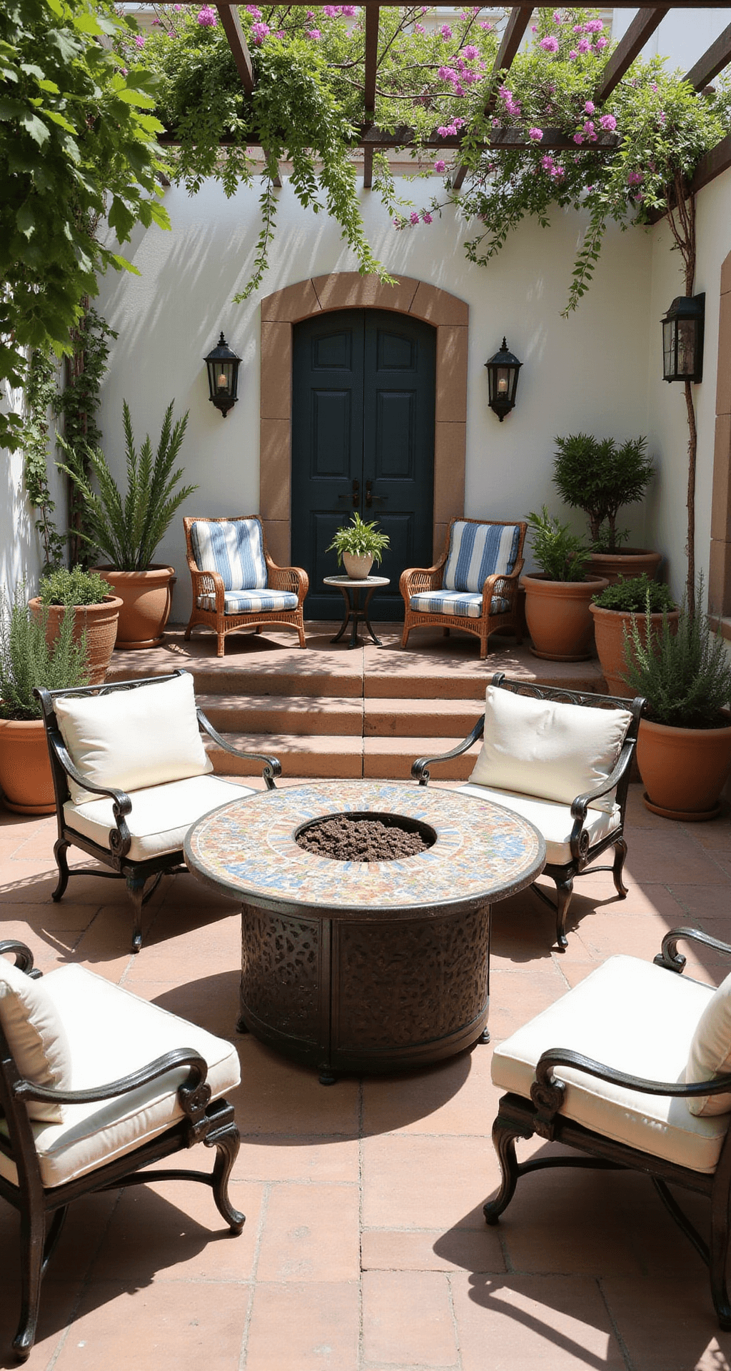 A Mediterranean-inspired courtyard features a round mosaic-tiled fire table surrounded by eclectic seating, including ornate wrought-iron benches with ivory cushions and rattan swivel chairs with blue and white stripes. Terracotta pots with lavender and rosemary line the whitewashed walls, while a pergola draped in bougainvillea casts dappled shadows in bright midday light.