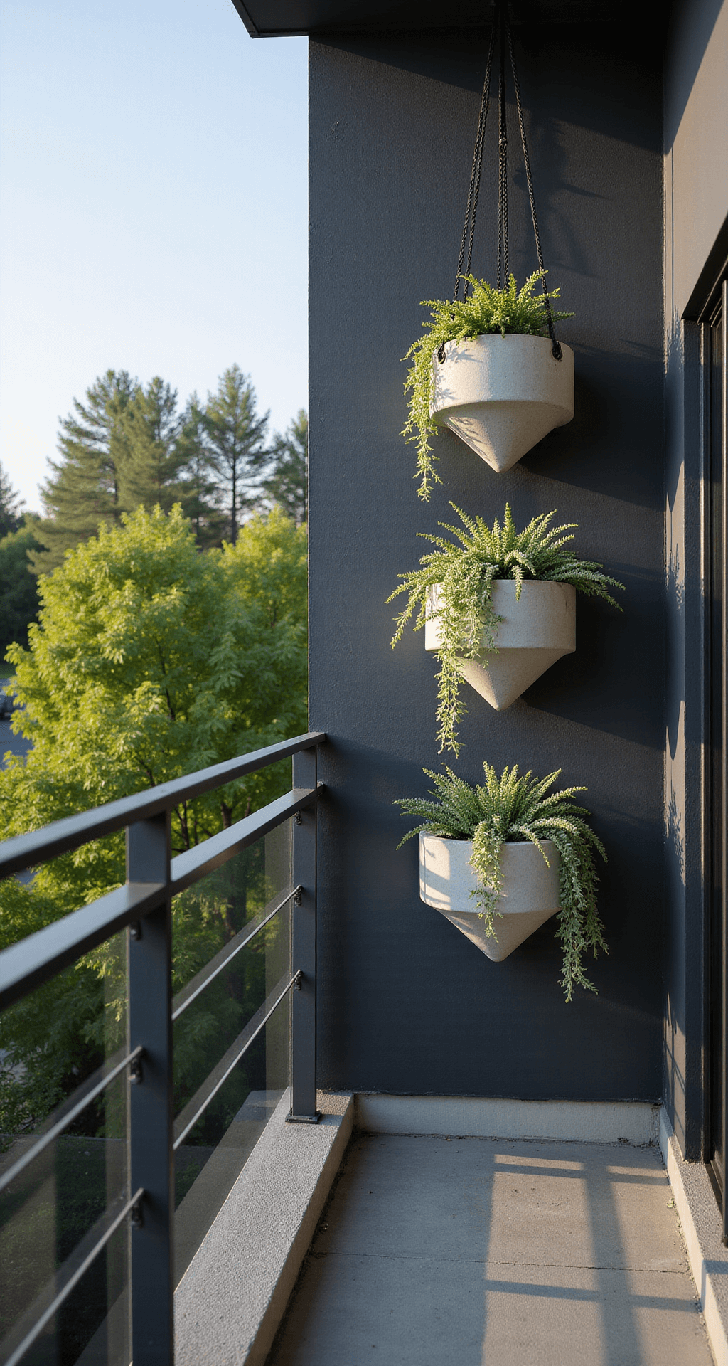 A modern minimalist balcony featuring geometric concrete planters at varying heights, with silver dichondra cascading against a charcoal wall. The scene is illuminated by late afternoon light, creating dramatic shadows, while a three-tiered hanging system with matte black steel cables enhances the rhythmic pattern of trailing foliage in a silver-grey and sage green color palette.