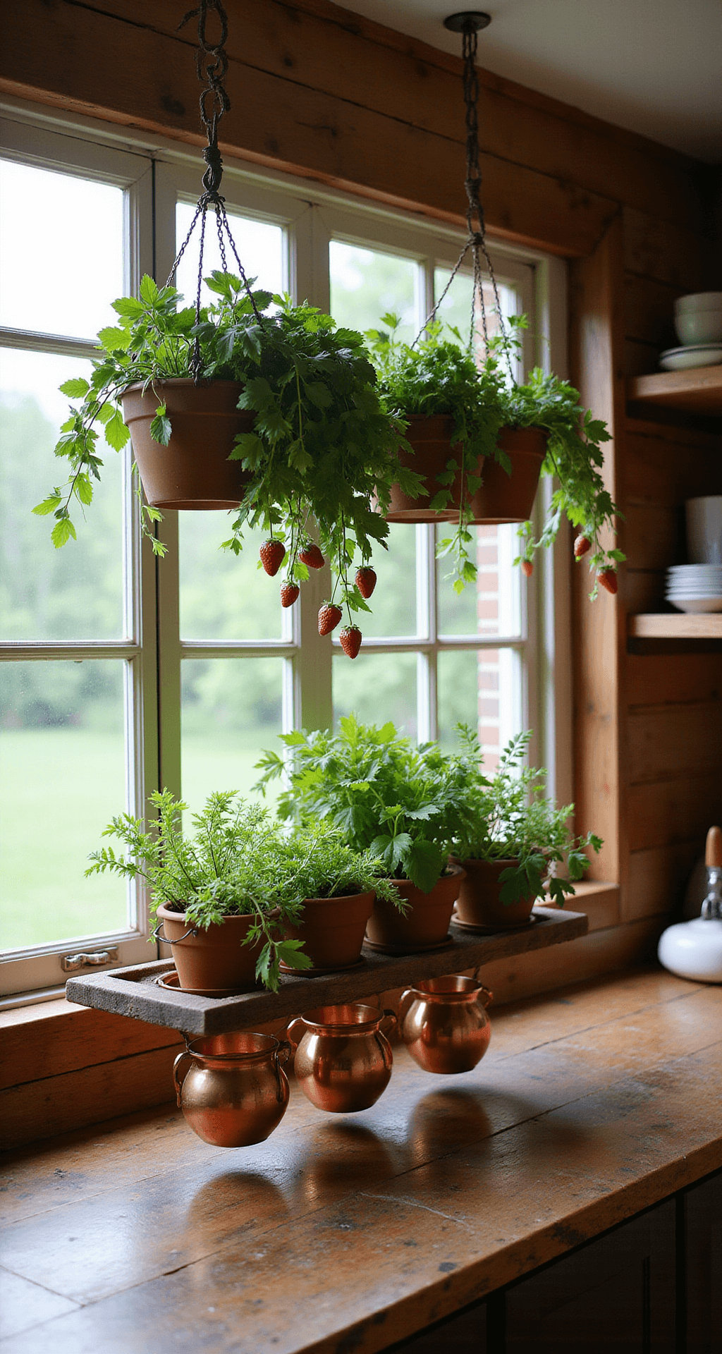 A rustic farmhouse kitchen featuring a 15x12 feet layout with an edible hanging garden above a reclaimed wood island. Terracotta pots filled with fresh herbs and trailing strawberries hang above, while copper pots add warmth below. Morning light filters through east-facing windows, illuminating the vibrant greens and warm wood tones in the scene. Shot from a 45-degree elevated angle to capture the lush plants and textures.