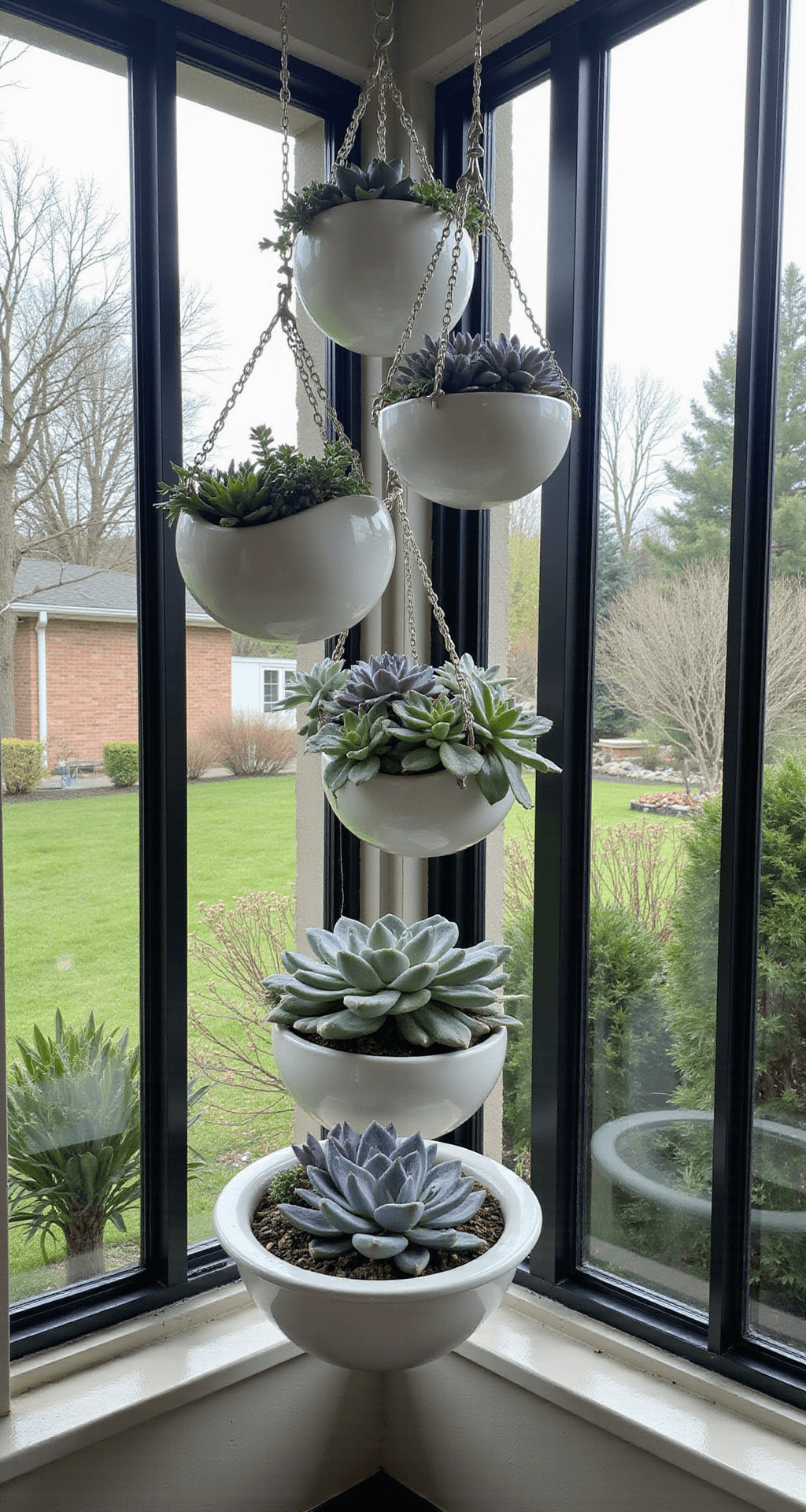 Contemporary conservatory corner with graduated hanging succulent spheres in white ceramic planters, featuring mixed succulents in cool greys, blues, purples, and bright green accents, illuminated by dramatic backlighting through floor-to-ceiling windows.