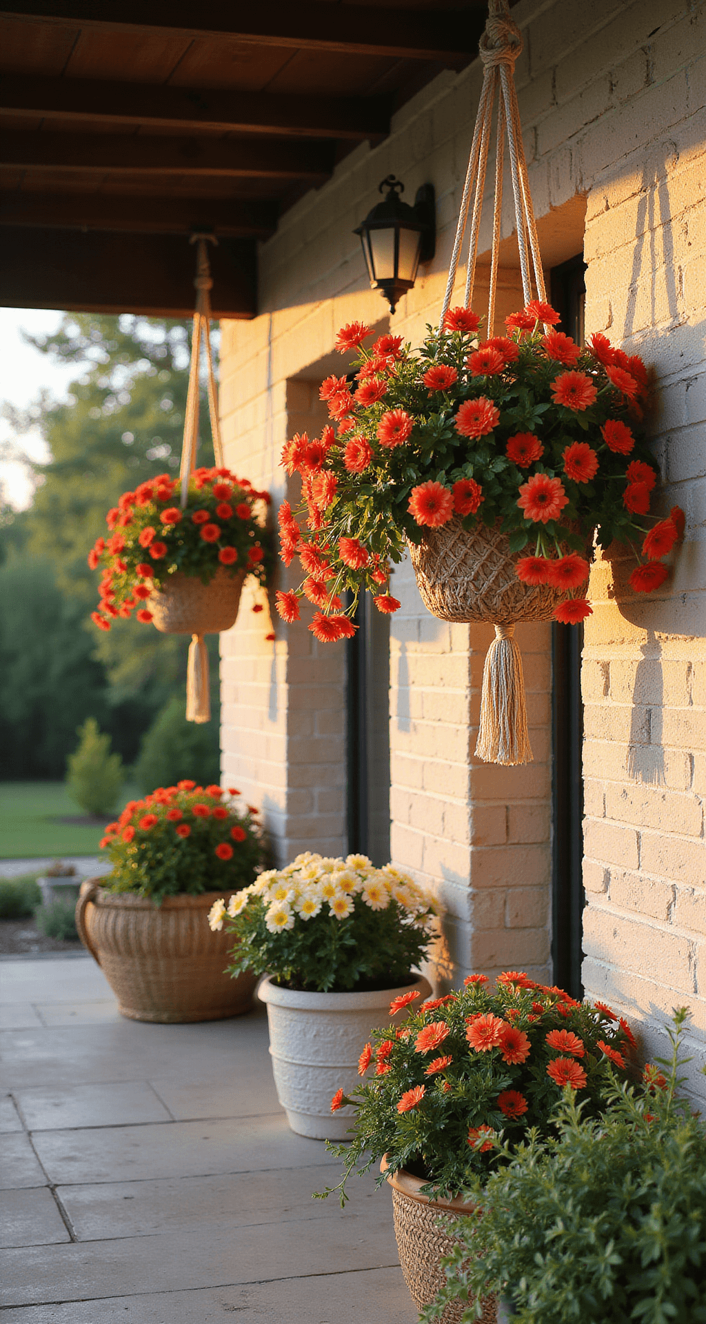 A cozy bohemian covered patio measuring 14x8 feet, adorned with vibrant hanging baskets of calibrachoa in sunset hues, suspended from textured macramé plant hangers against a backdrop of whitewashed brick. The scene is illuminated by the warm, golden hour light, enhancing the coral, orange, yellow, and cream colors, complemented by deep green foliage, all captured from an eye-level perspective with a slight upward tilt.