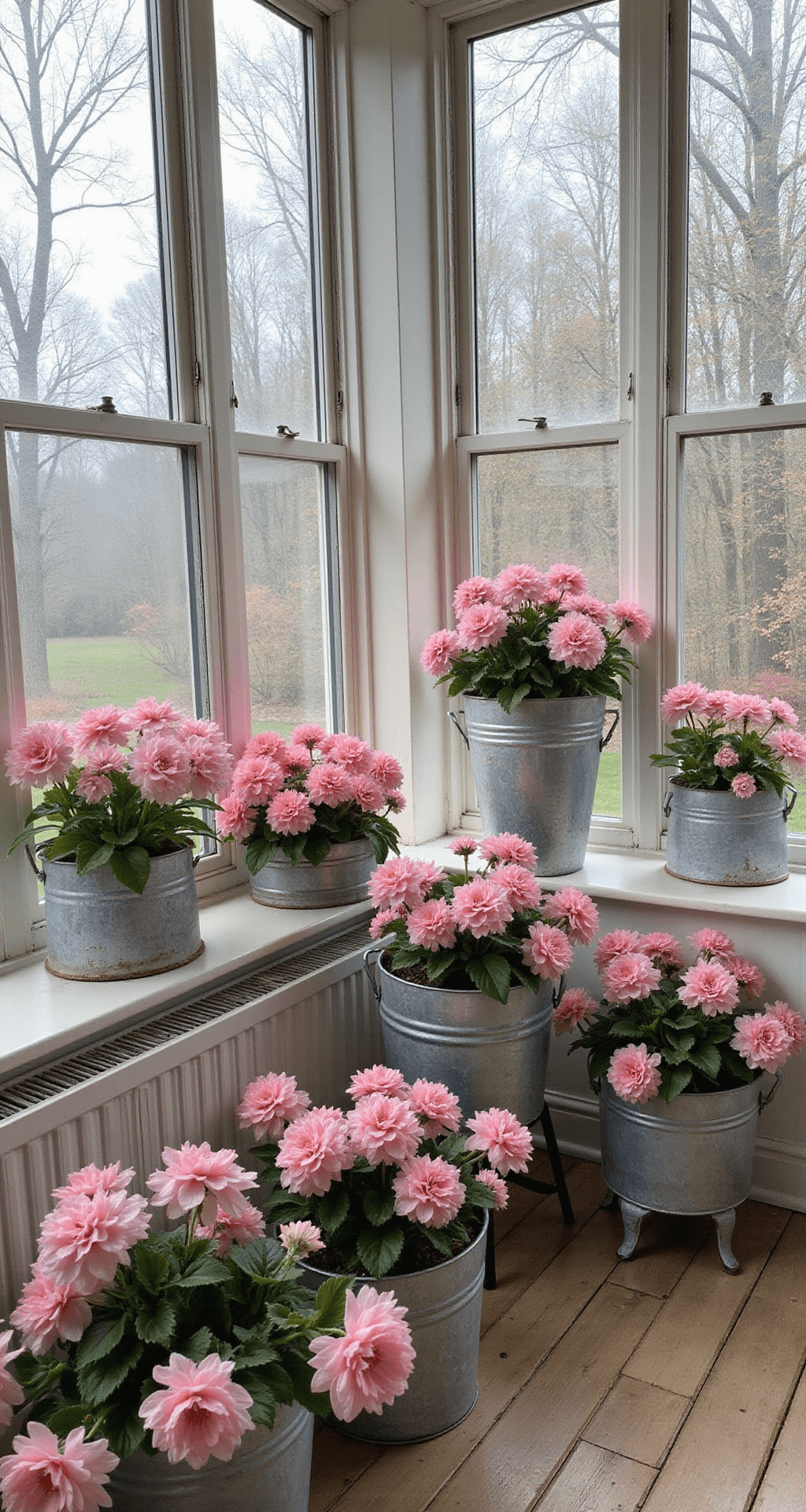 A sunroom in an English cottage, measuring 12x15 feet, featuring a monochromatic pink begonia display in vintage zinc containers. Morning mist softly filters through the lace curtains, creating an ethereal atmosphere, while various basket heights add to a vertical garden effect. The image is shot straight-on with slight elevation, showcasing the soft diffused natural light and a color palette of pink tones, zinc grey, white, and deep green accents.