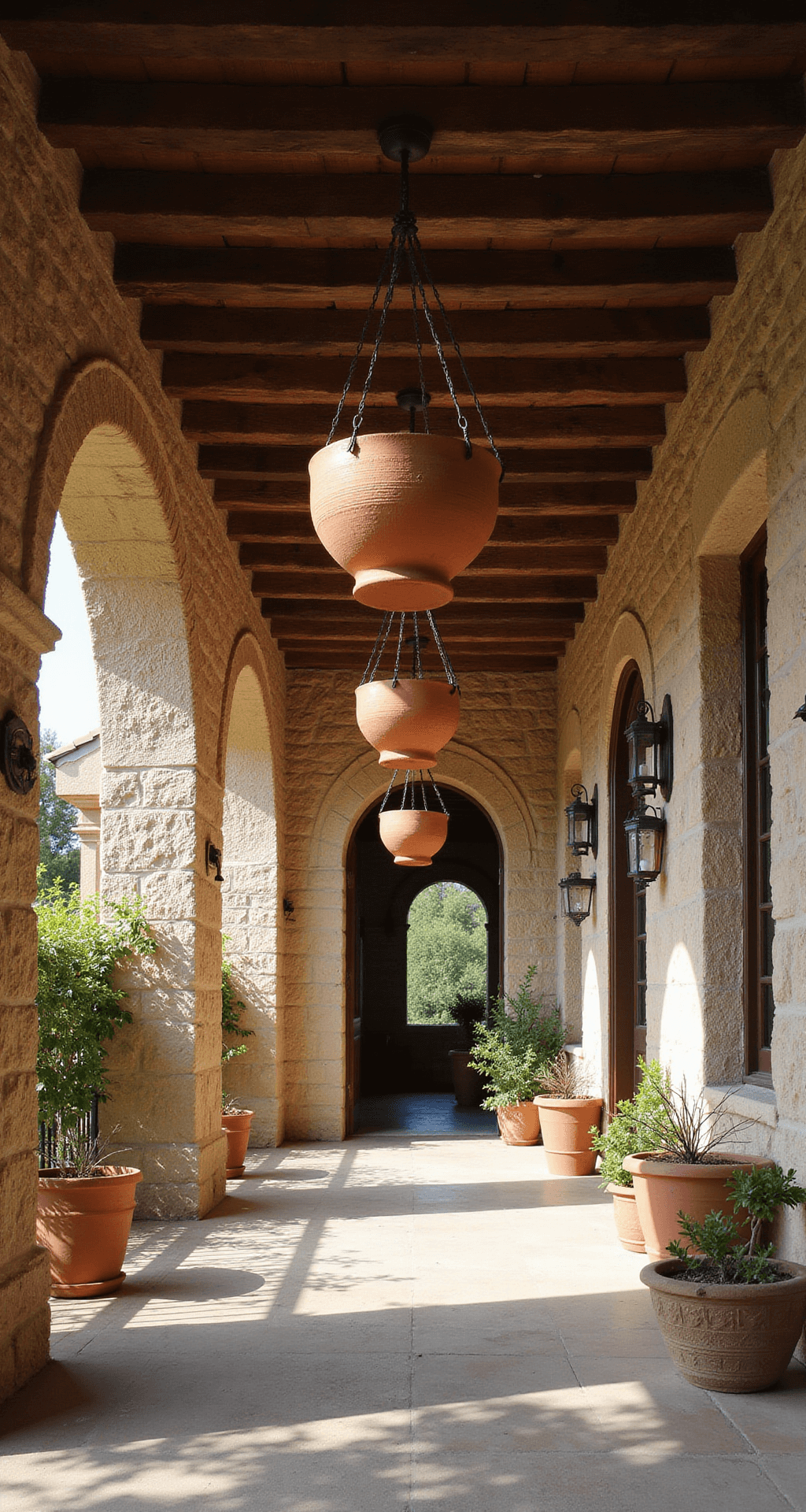 A corner view of a Mediterranean loggia measuring 16x8 feet, showcasing dramatic winecups in weathered terracotta baskets hanging from rustic wooden beams, illuminated by late afternoon light casting strong diagonal shadows against textured stone walls, in a color palette of deep wine red, weathered terracotta, warm stone, and dark green.