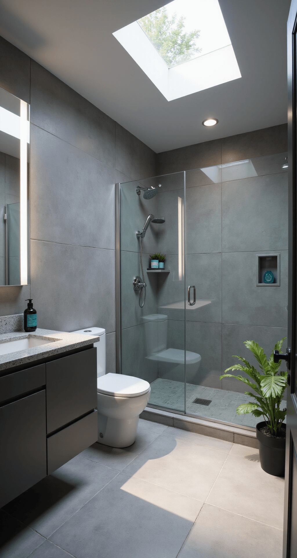 Aerial view of an ultra-modern 6x8 ft bathroom with a walk-in shower, flush drain, and skylight casting dramatic shadows; features a wall-mounted toilet with bidet, a sleek gray floating vanity with quartz countertop, large format porcelain tiles, a full-width backlit mirror, and teal accents adding vibrancy.