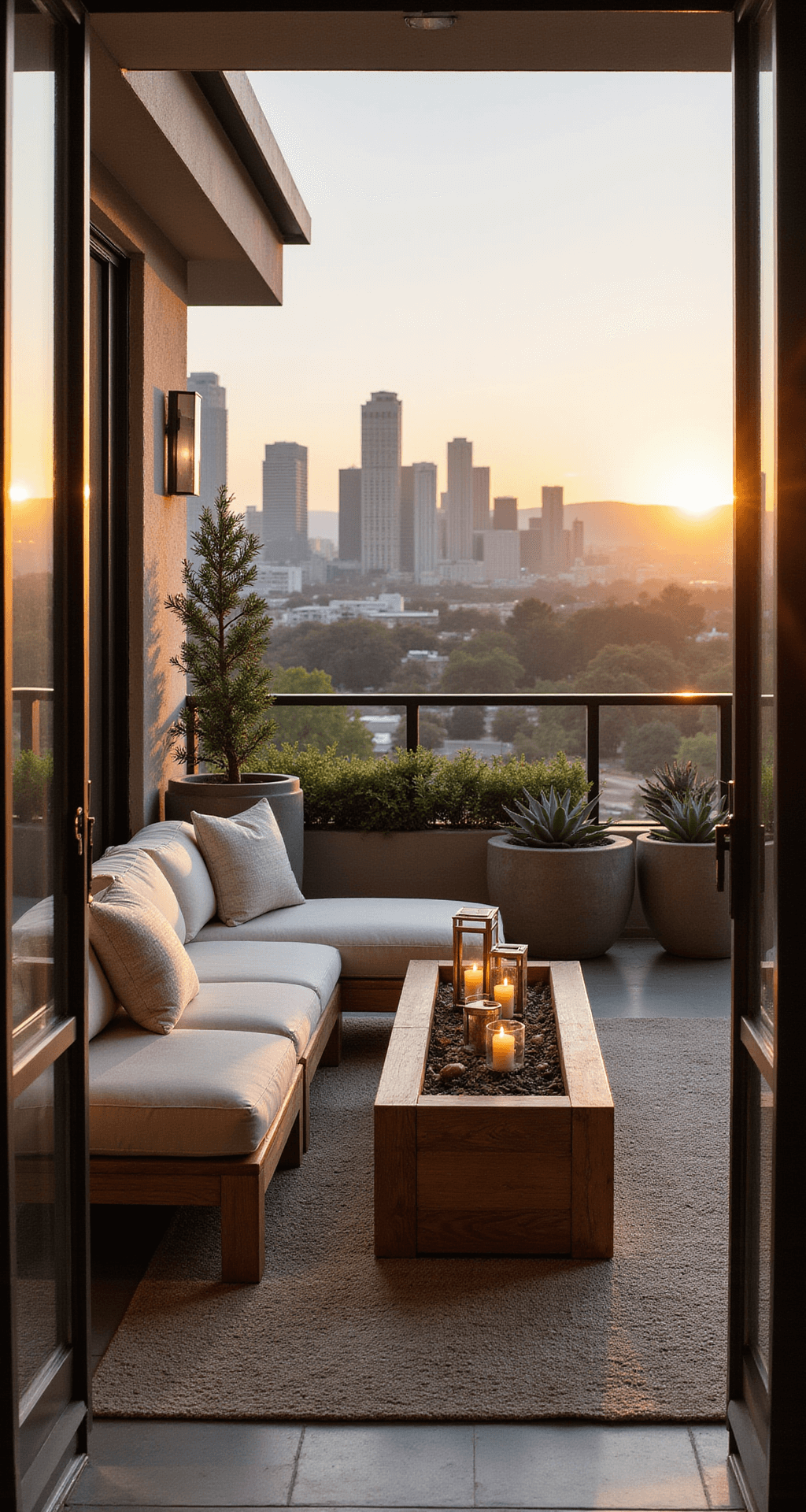 A modern balcony lounge at sunset featuring a wraparound design, with a view of downtown LA. The space includes a weathered teak sectional with cream cushions, sculptural succulents in concrete planters, and brass lanterns with flameless candles. A textured outdoor rug defines the seating area, and the image is captured from inside through sliding doors, highlighting an urban oasis vibe.
