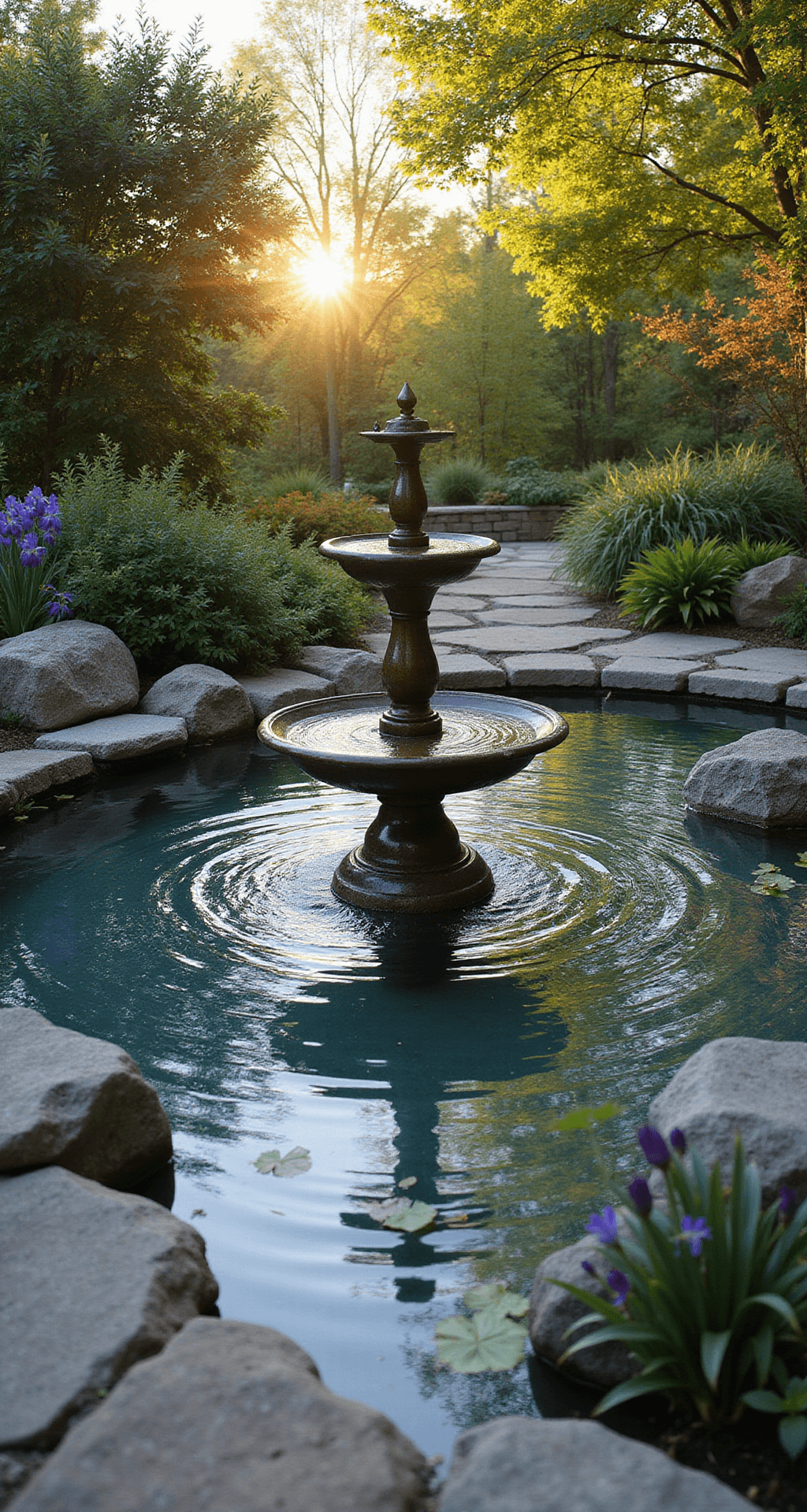 A serene garden pond at golden hour, featuring a stone-edged pond with a three-tiered copper fountain, surrounded by Japanese maples and marginal plants, with warm sunset light reflecting off the water's surface. Soft bokeh effect on the background foliage enhances the tranquil atmosphere.