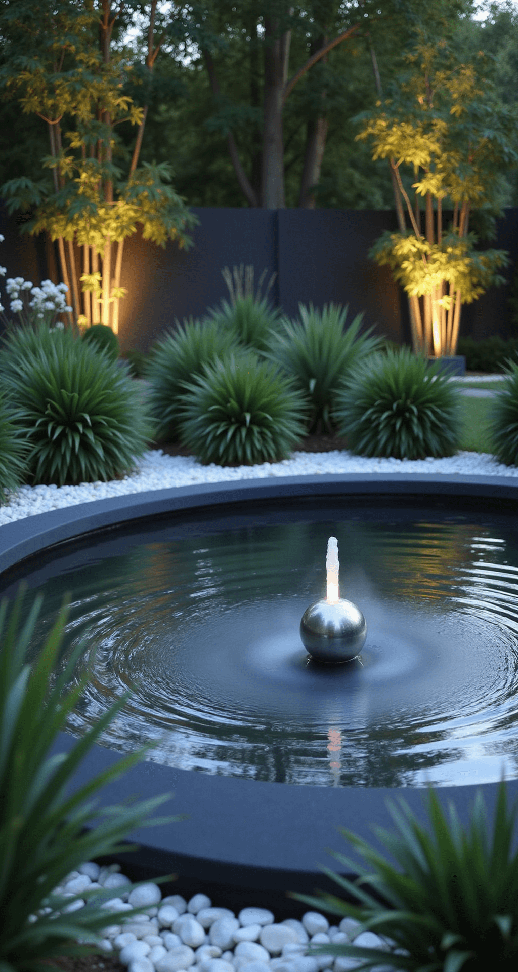 Low-angle shot of a circular 8ft pond with a contemporary sphere fountain creating gentle ripples, surrounded by black slate edging and white pebbles. Morning mist hovers over the water, reflecting a bamboo grove and illuminated subtly by uplighting, all enveloped in cool blue-grey light.